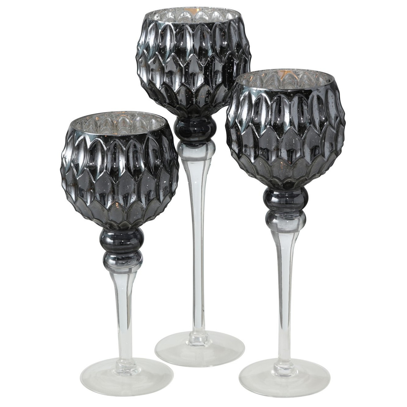 Luxe glazen design kaarsenhouders-windlichten set van 3x stuks antraciet-zilver transparant 30-40 cm