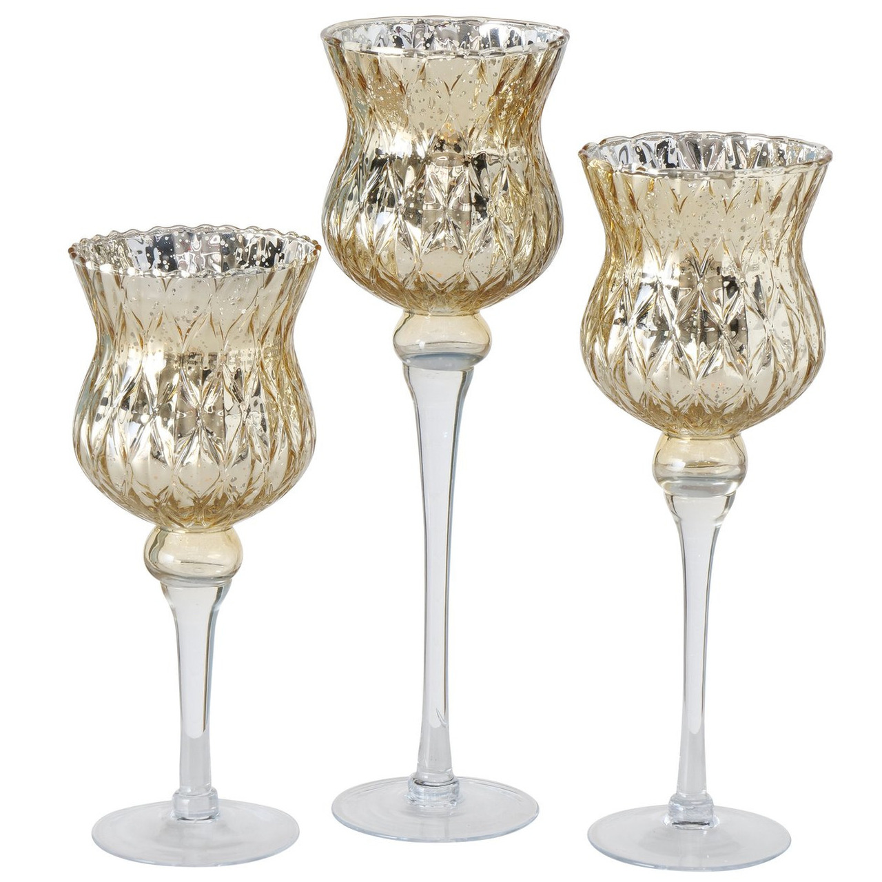 Luxe glazen design kaarsenhouders-windlichten set van 3x stuks metallic goud 30-40 cm