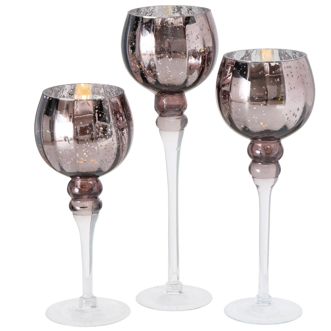 Luxe glazen design kaarsenhouders-windlichten set van 3x stuks metallic shiny taupe 30-40 cm