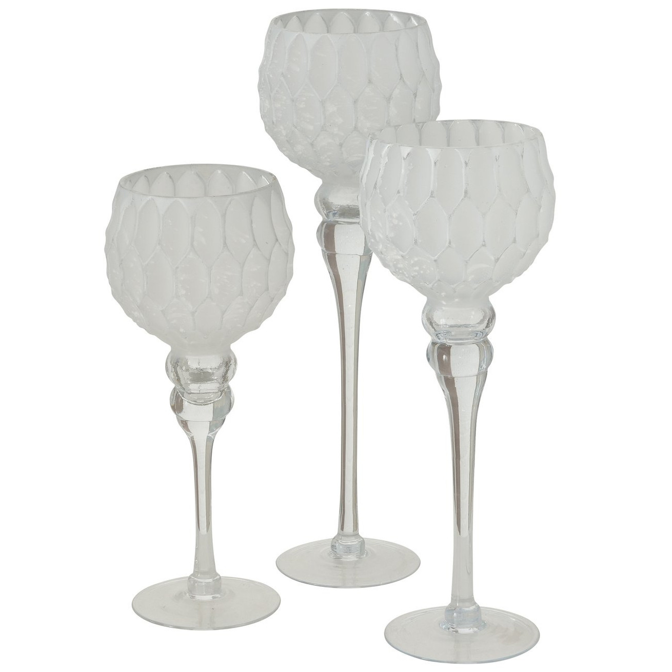 Luxe glazen design kaarsenhouders-windlichten set van 3x stuks zilver-wit 30-40 cm