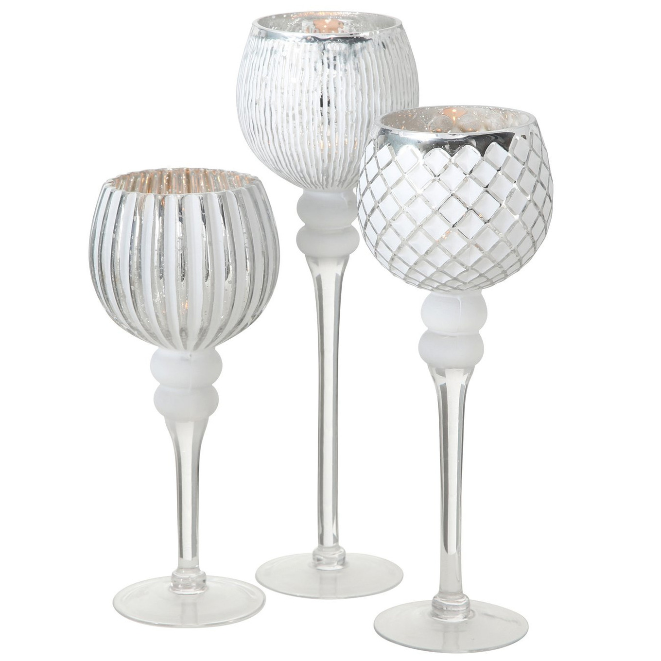 Luxe glazen design kaarsenhouders-windlichten set van 3x stuks zilver-wit transparant 30-40 cm