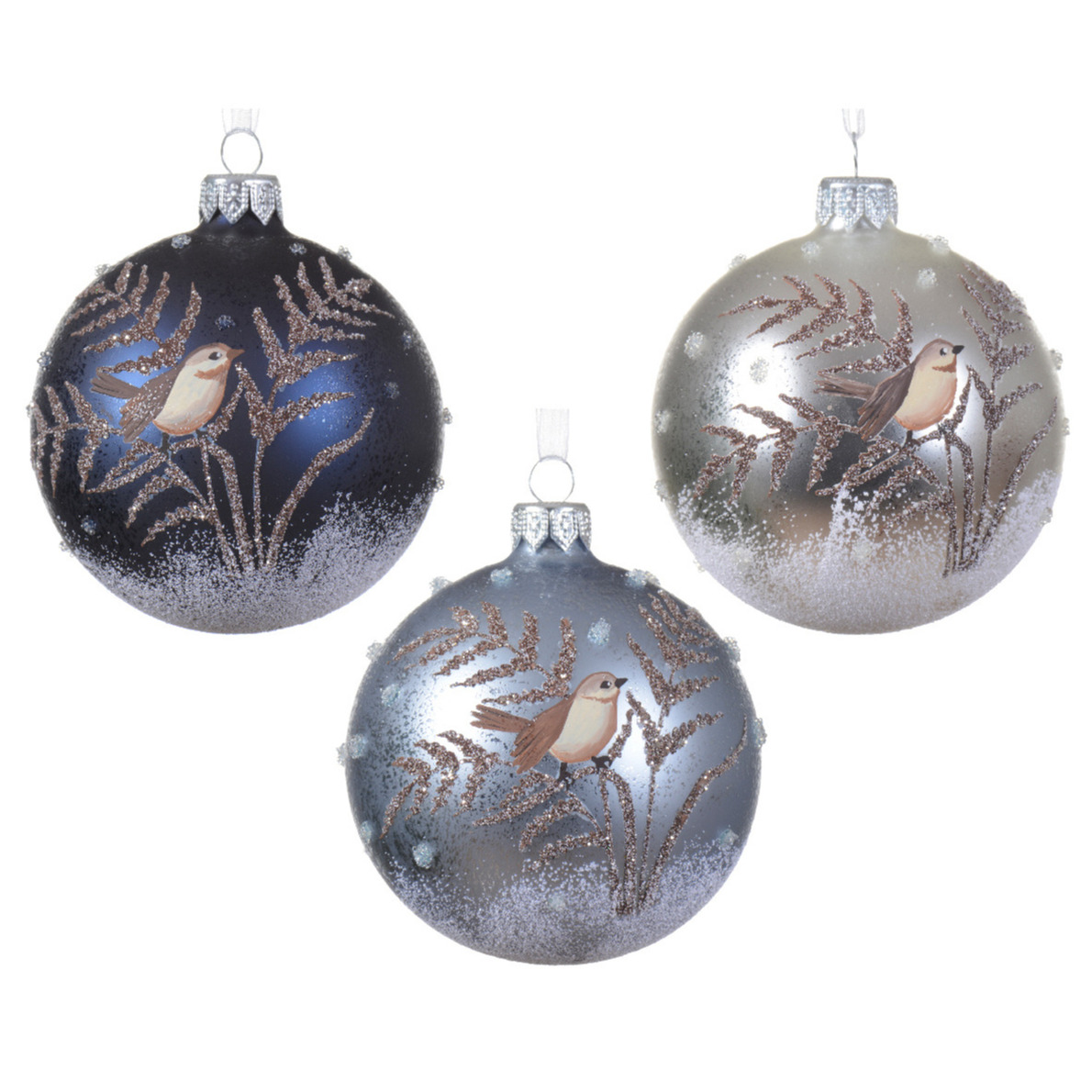 Luxe kerstballen 6x st vogel opdruk donkerblauw, ijsblauw en zilver glas 8 cm