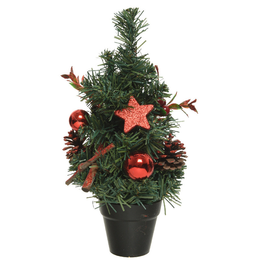 Mini kunst kerstbomen-kunstbomen met rode versiering 30 cm