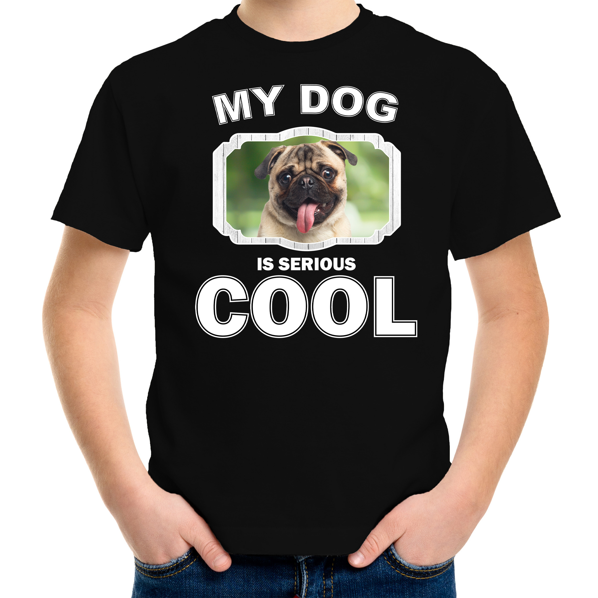 Mopshond honden t-shirt my dog is serious cool zwart voor kinderen