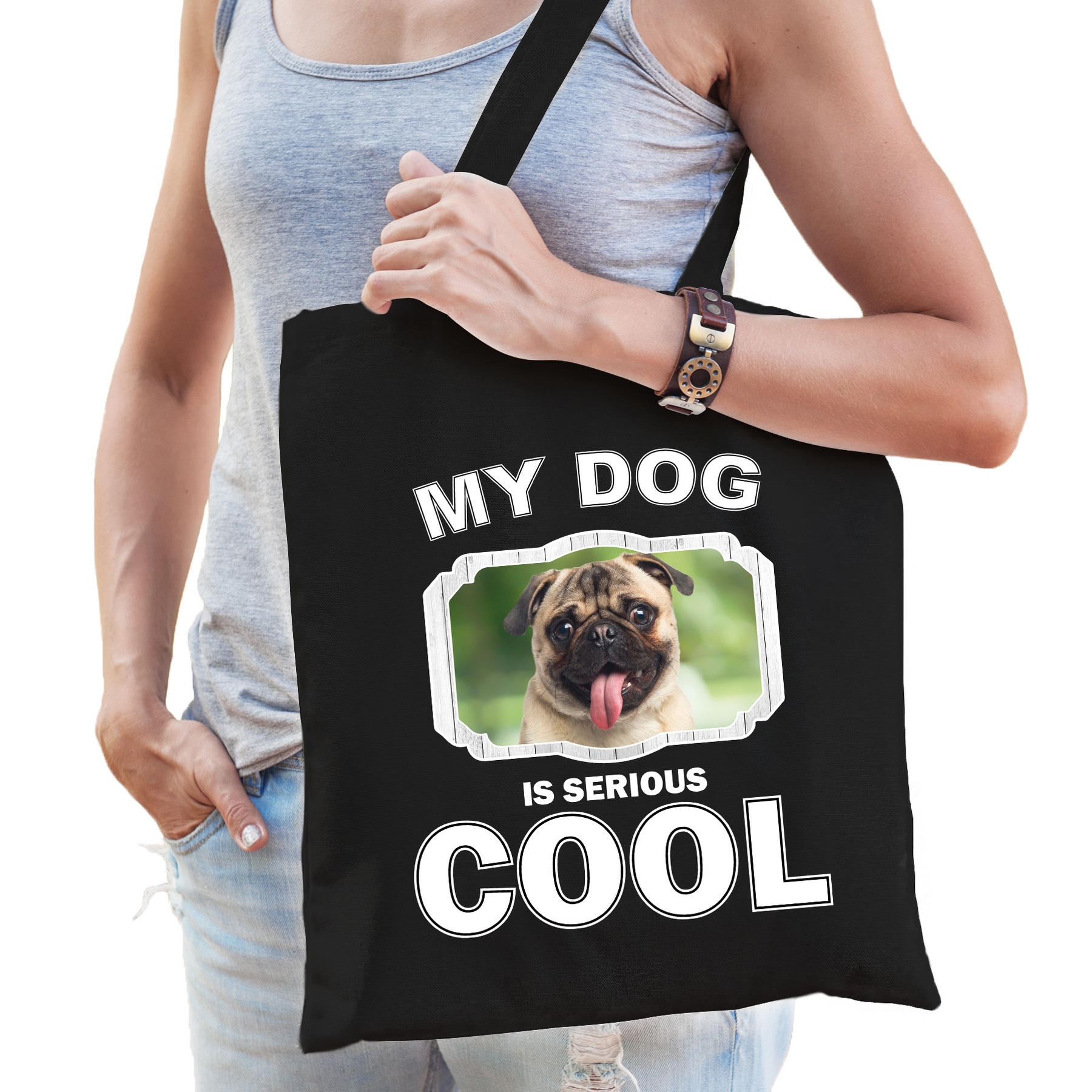 Mopshond honden tasje zwart volwassenen en kinderen my dog serious is cool kado boodschappentasje
