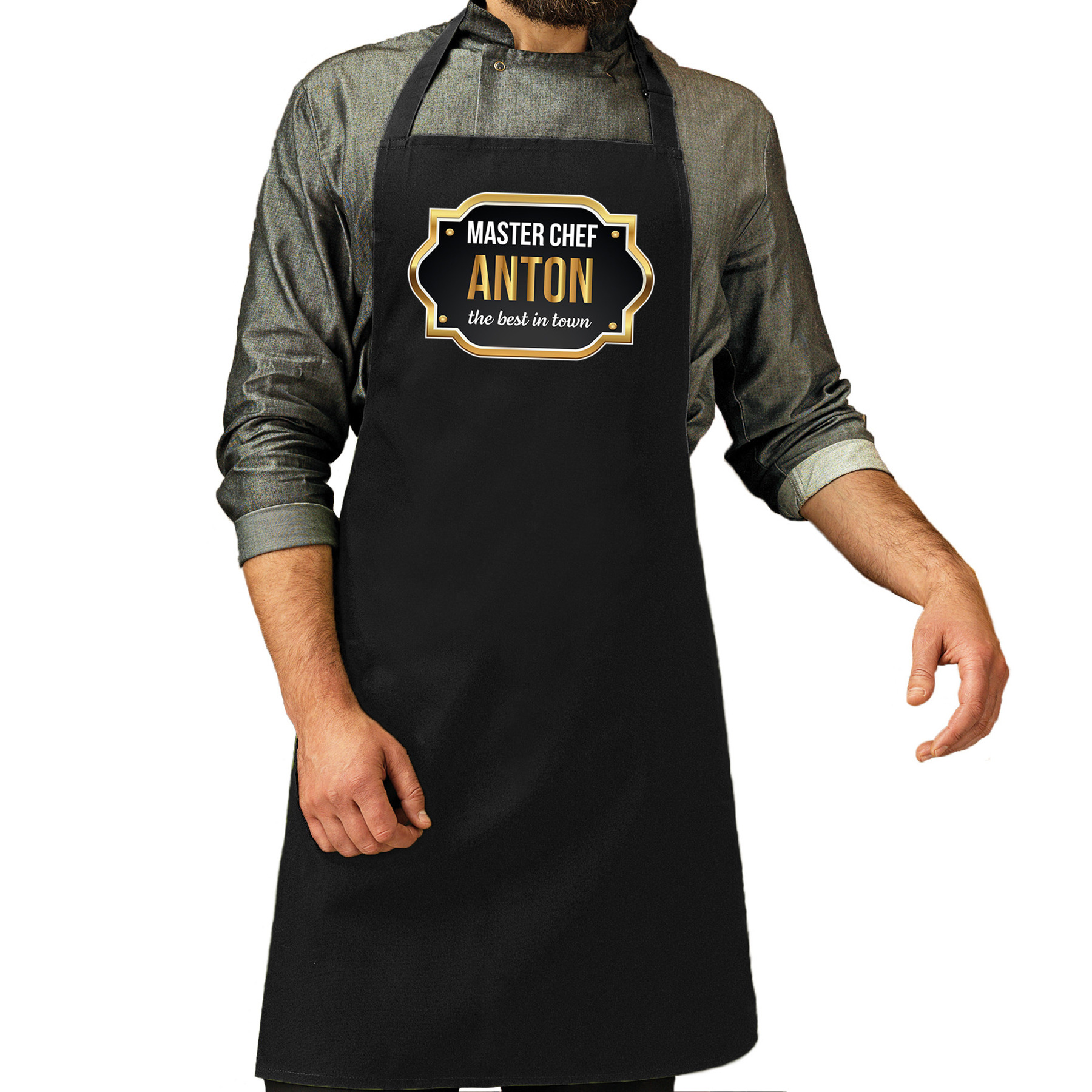 Naam cadeau master chef schort Anton zwart keukenschort cadeau