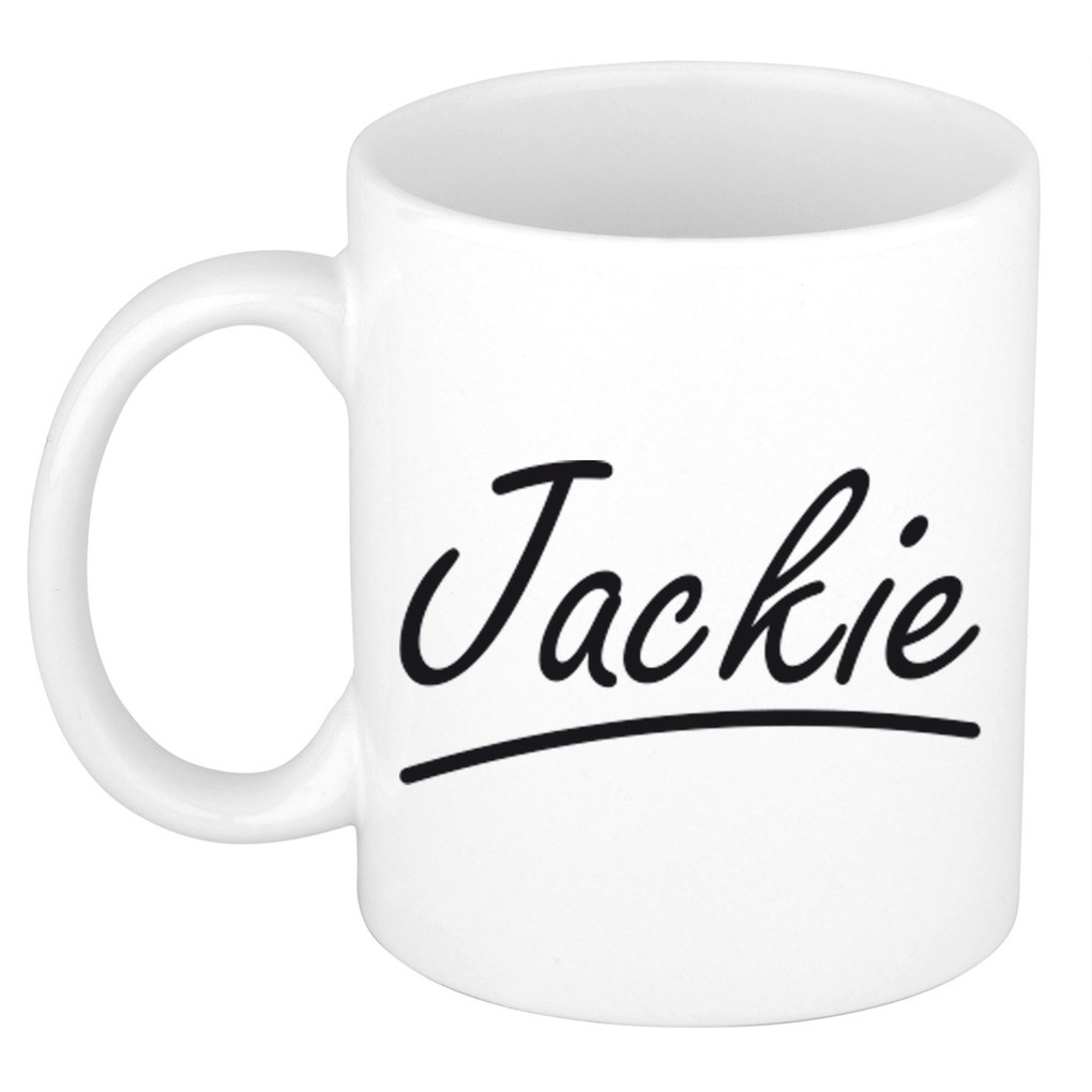 Naam cadeau mok-beker Jackie met sierlijke letters 300 ml