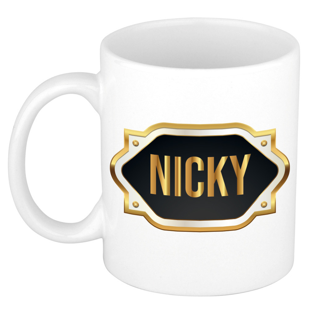 Naam cadeau mok-beker Nicky met gouden embleem 300 ml