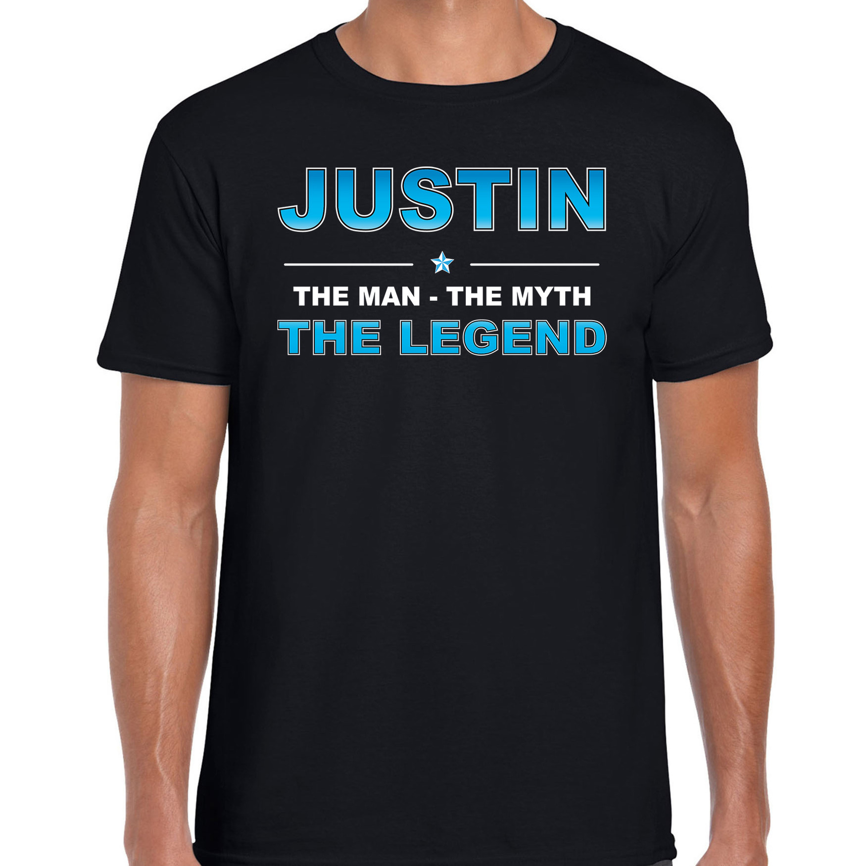 Naam cadeau t-shirt Justin the legend zwart voor heren