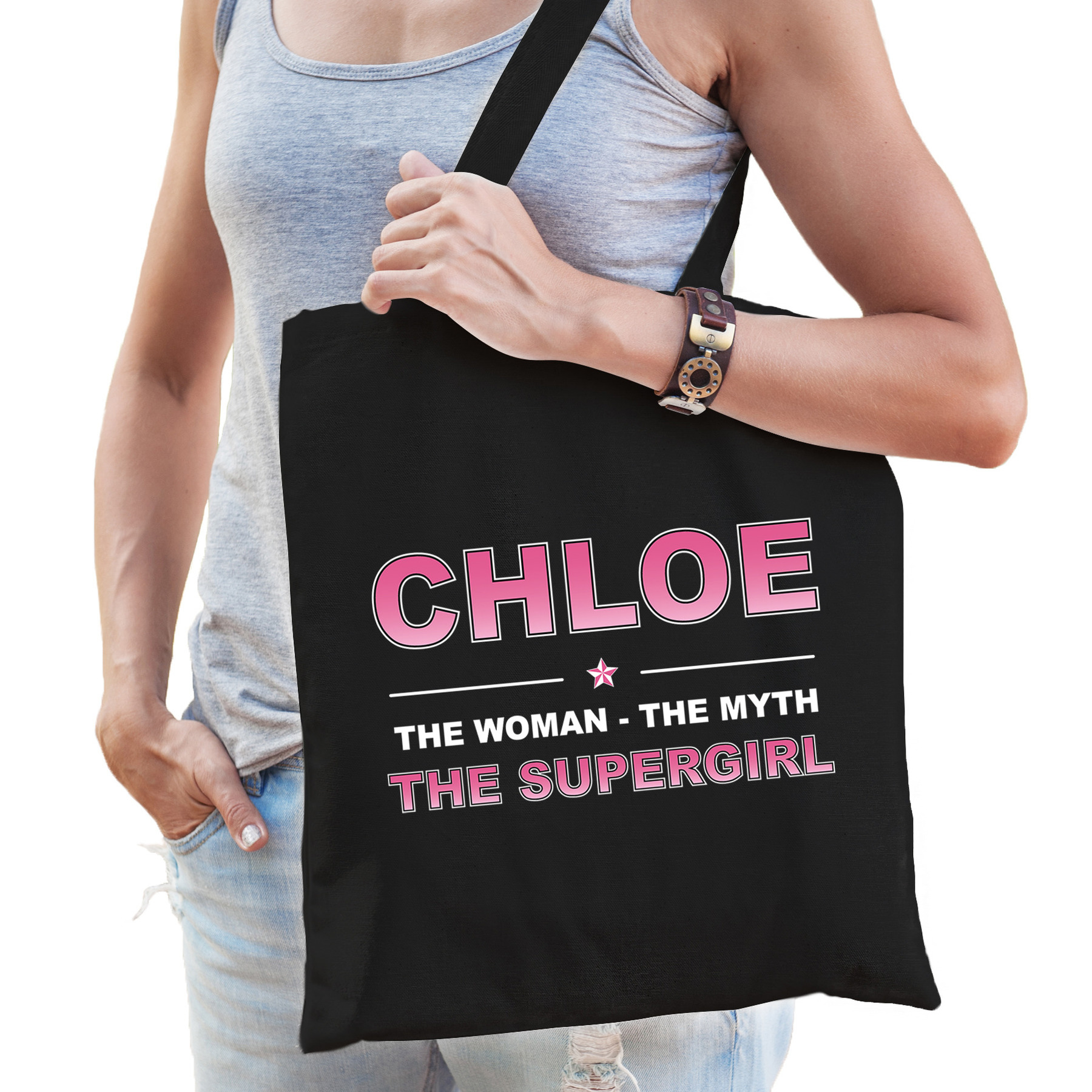 Naam cadeau tas Chloe the supergirl zwart voor dames