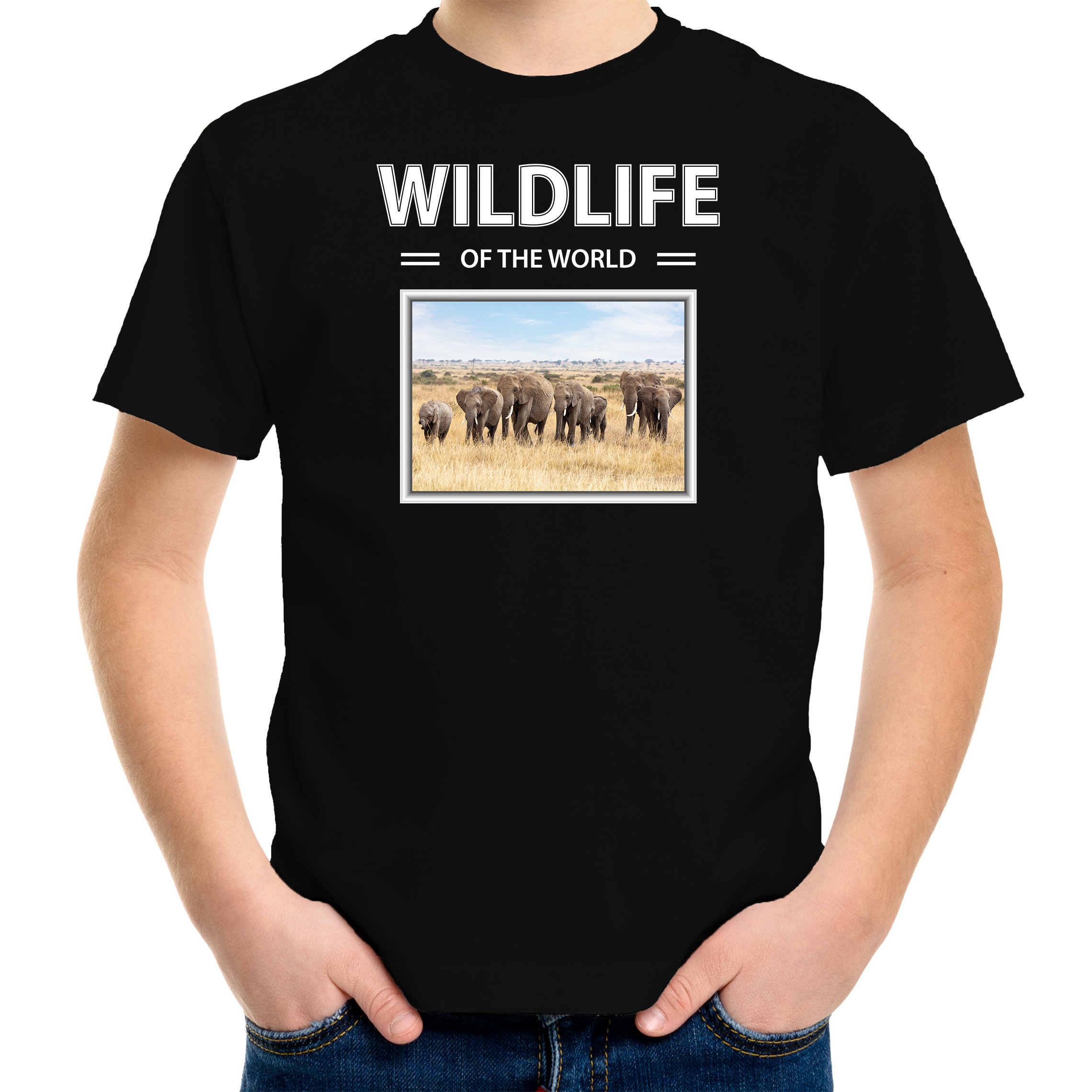 Olifant t-shirt met dieren foto wildlife of the world zwart voor kinderen