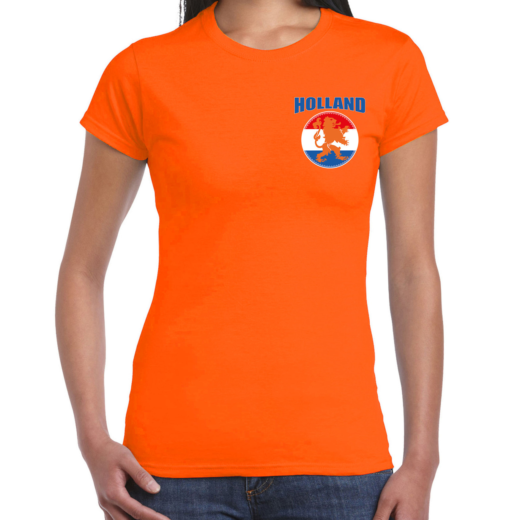 Oranje shirt met vlag cirkel leeuw embleem op borst heren Holland supporter shirt EK- WK