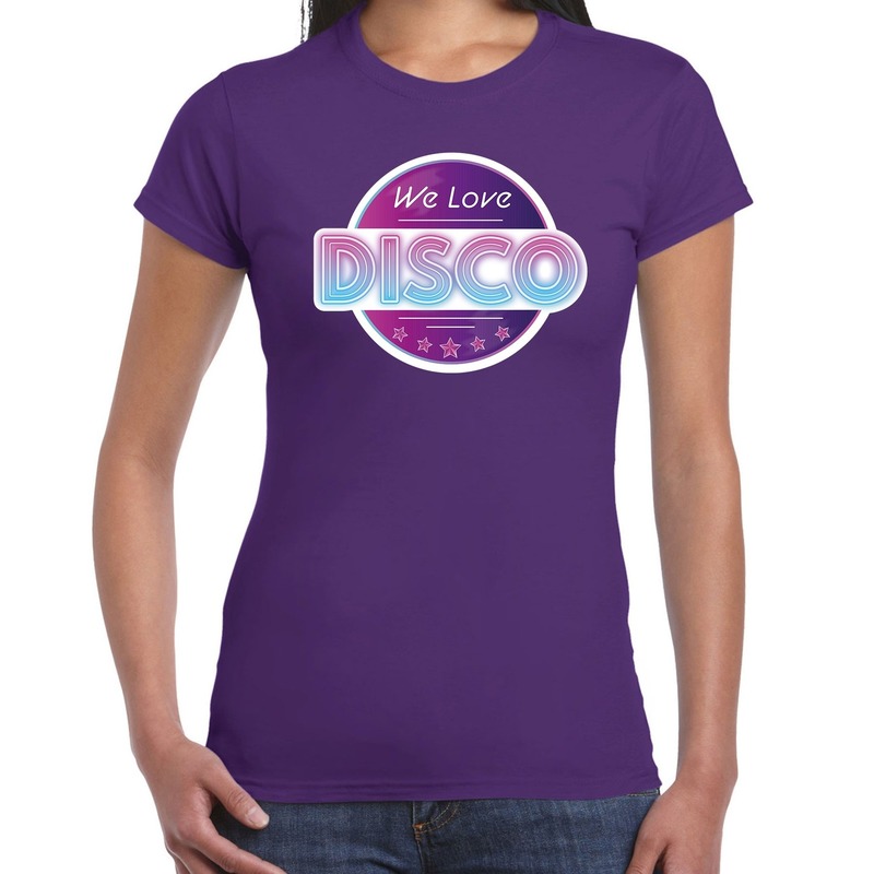 Party 70s-80s-90s feest shirt met disco thema paars voor dames