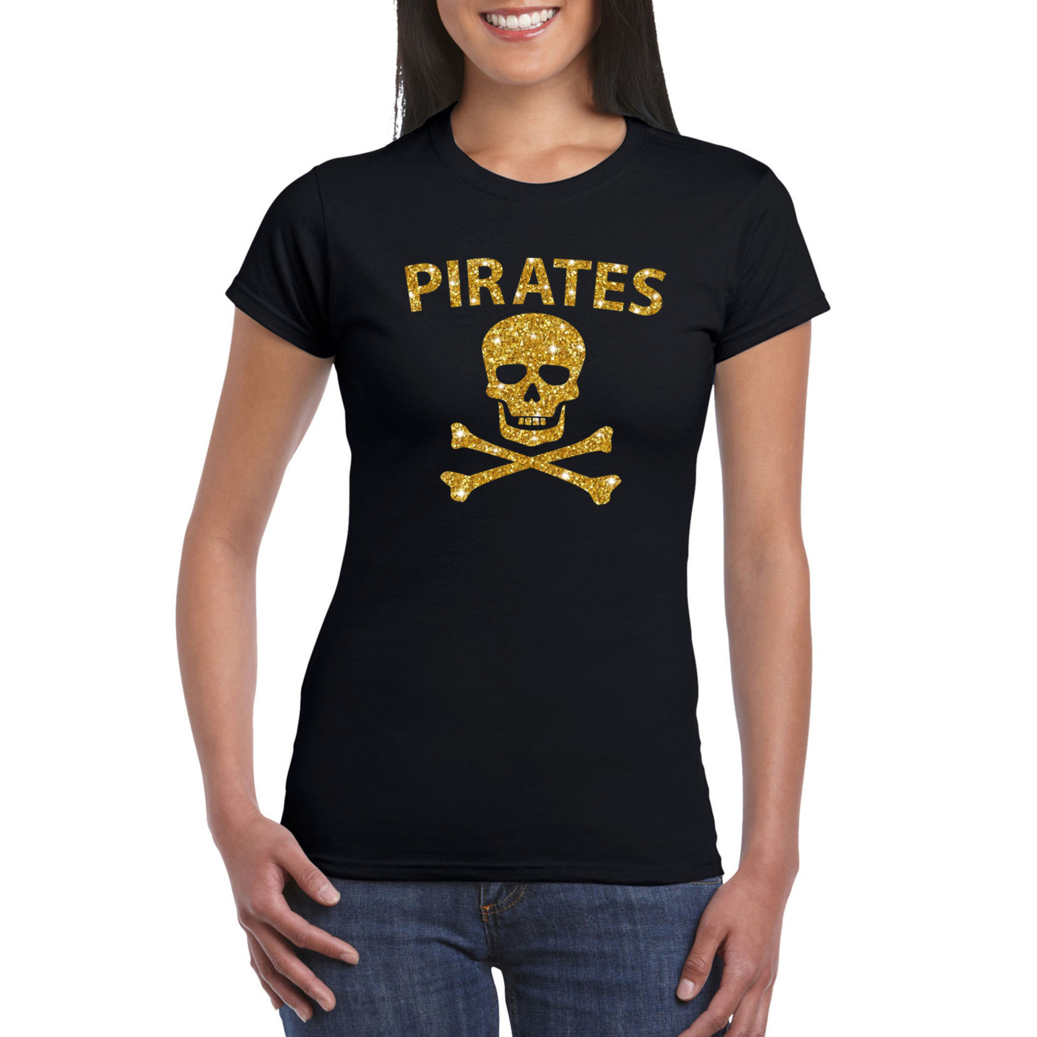Piraten shirt-foute party verkleed kostuum-outfit goud glitter zwart dames