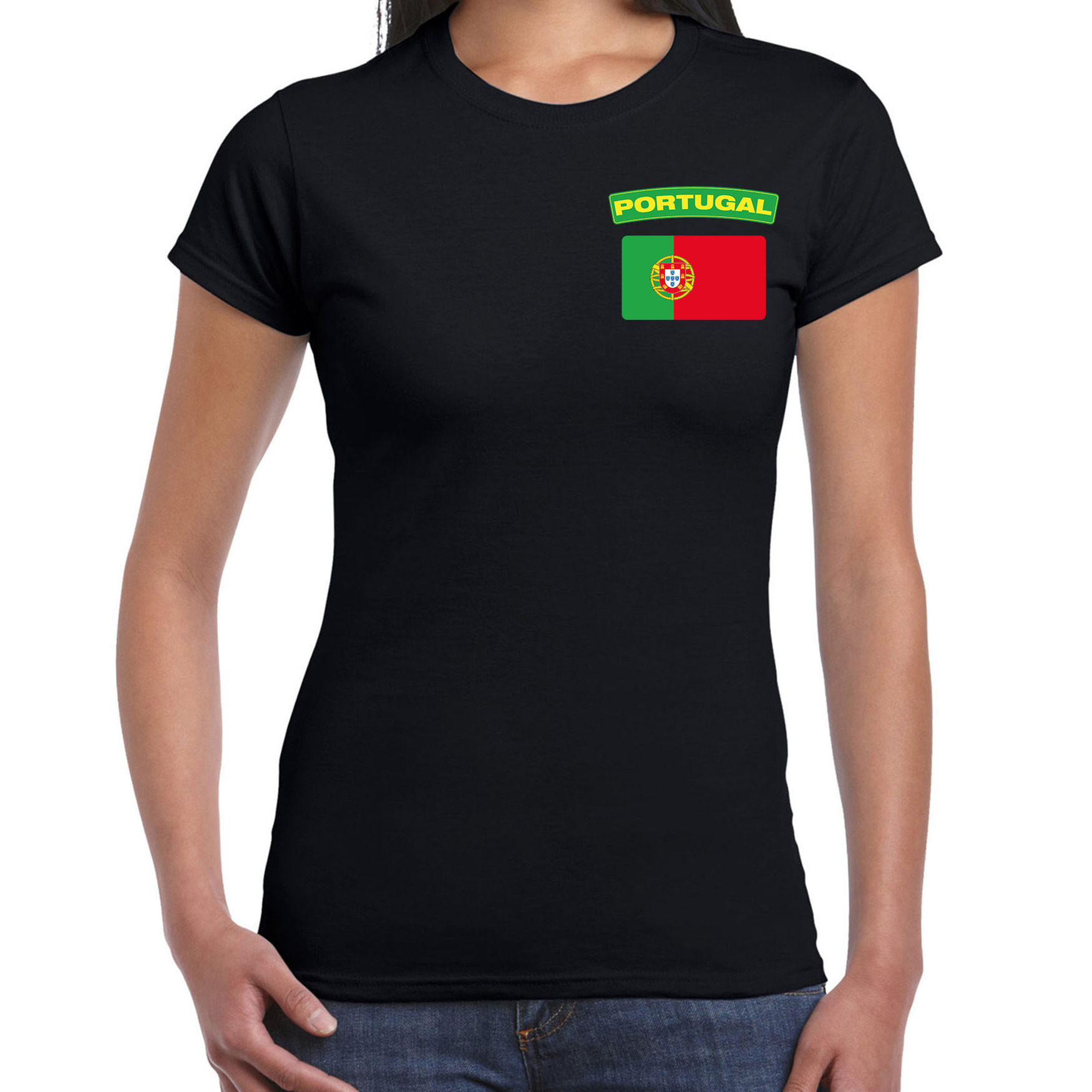 Portugal t-shirt met vlag zwart op borst voor dames