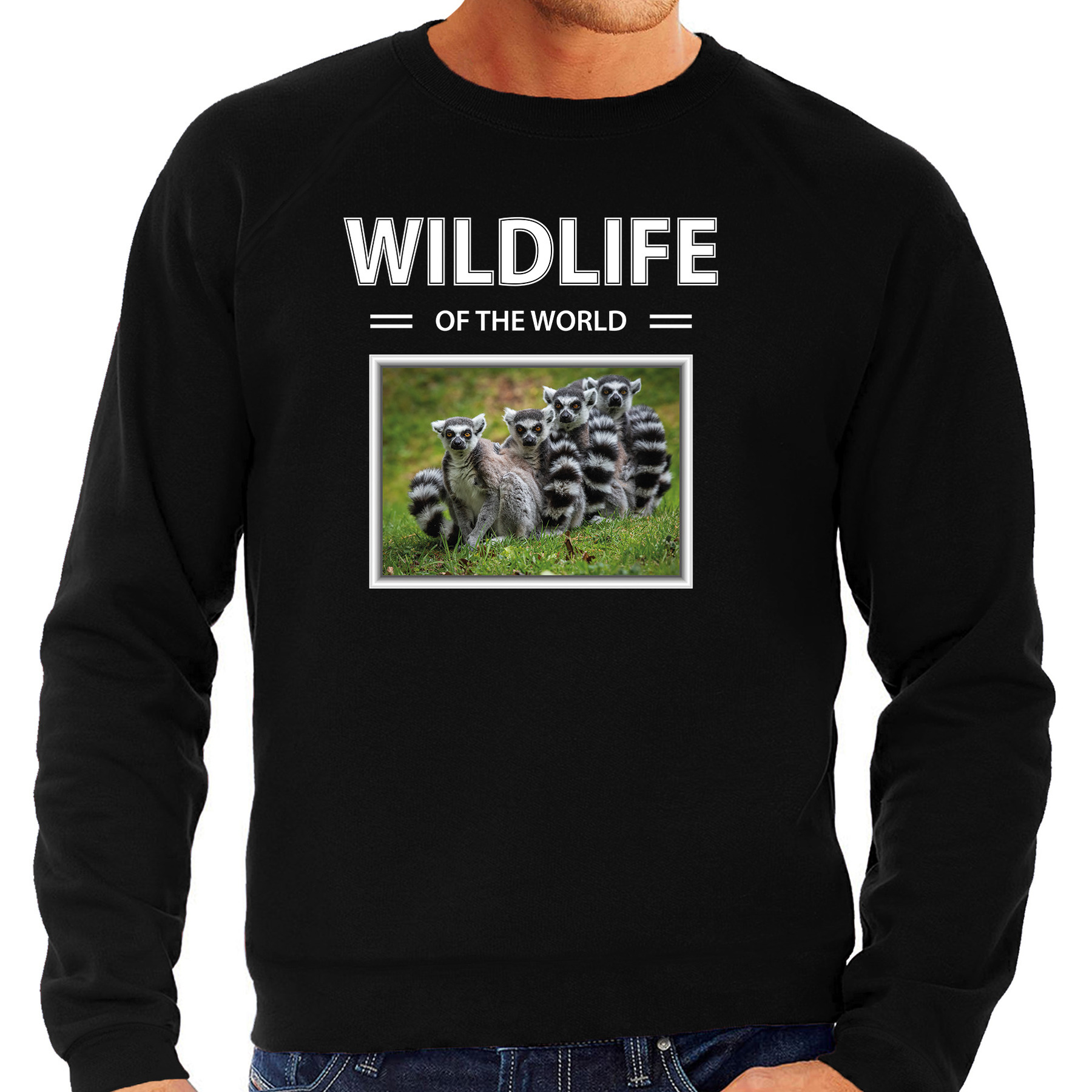 Ringstaart maki sweater / trui met dieren foto wildlife of the world zwart voor heren