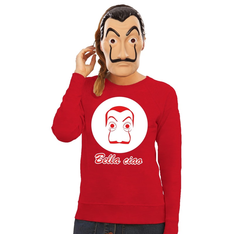 Rode Salvador Dali sweater met La Casa de Papel masker dames