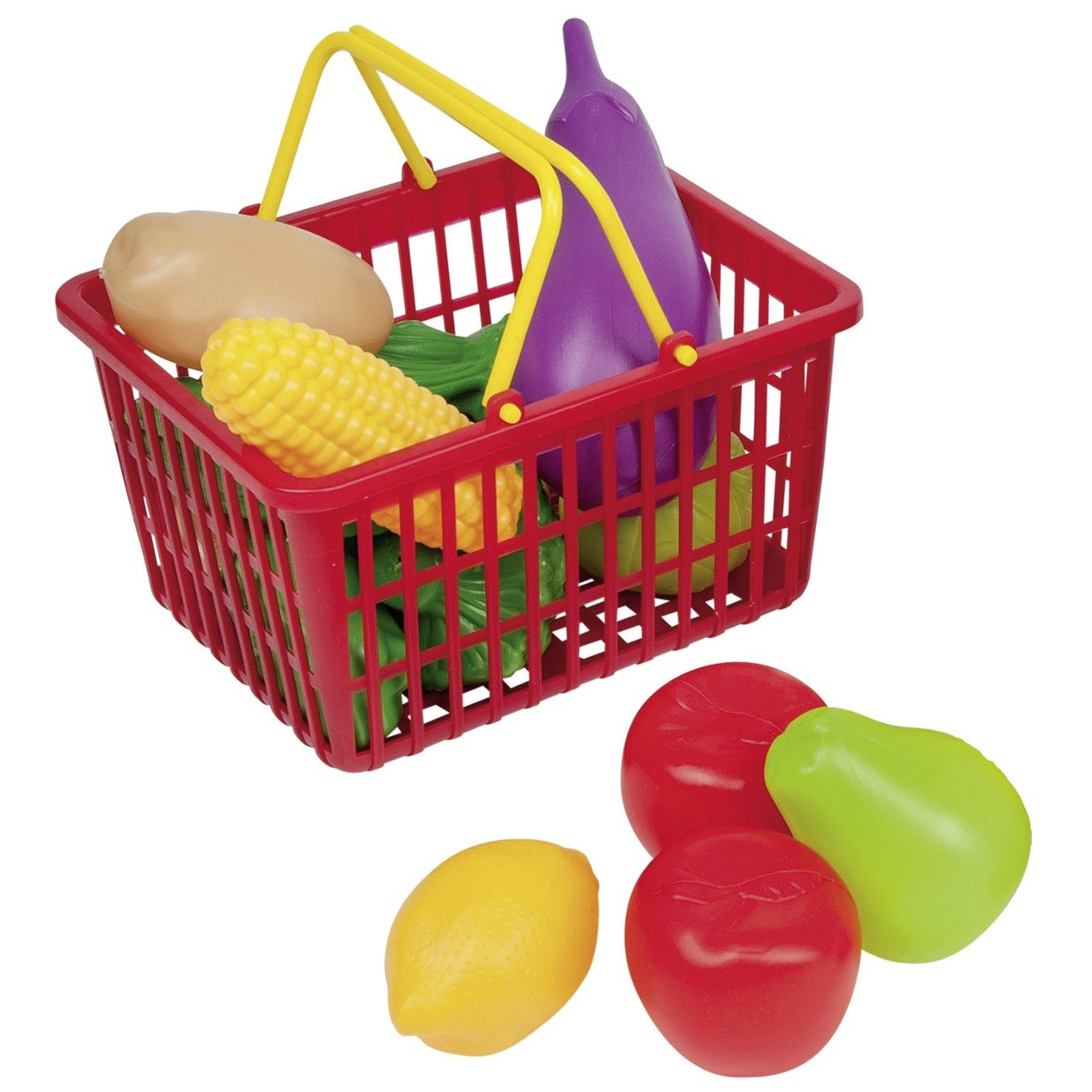 Rood speelgoed boodschappen-winkelmandje met groente en fruit 11-delig