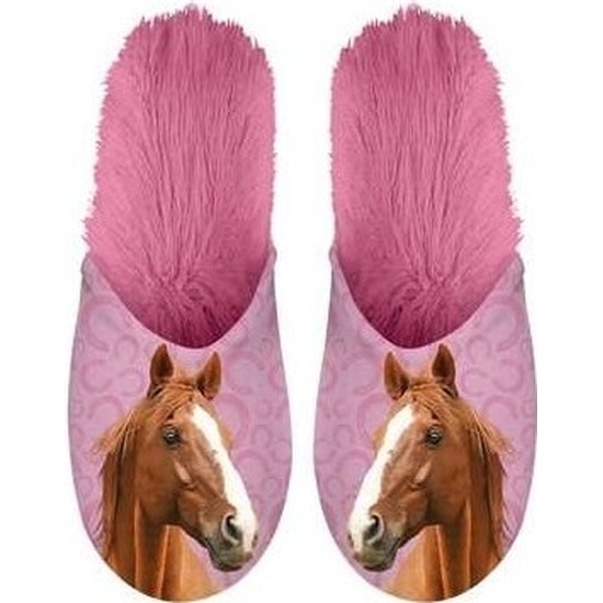 Roze/bruine paardjes instap sloffen/pantoffels voor volwassenen