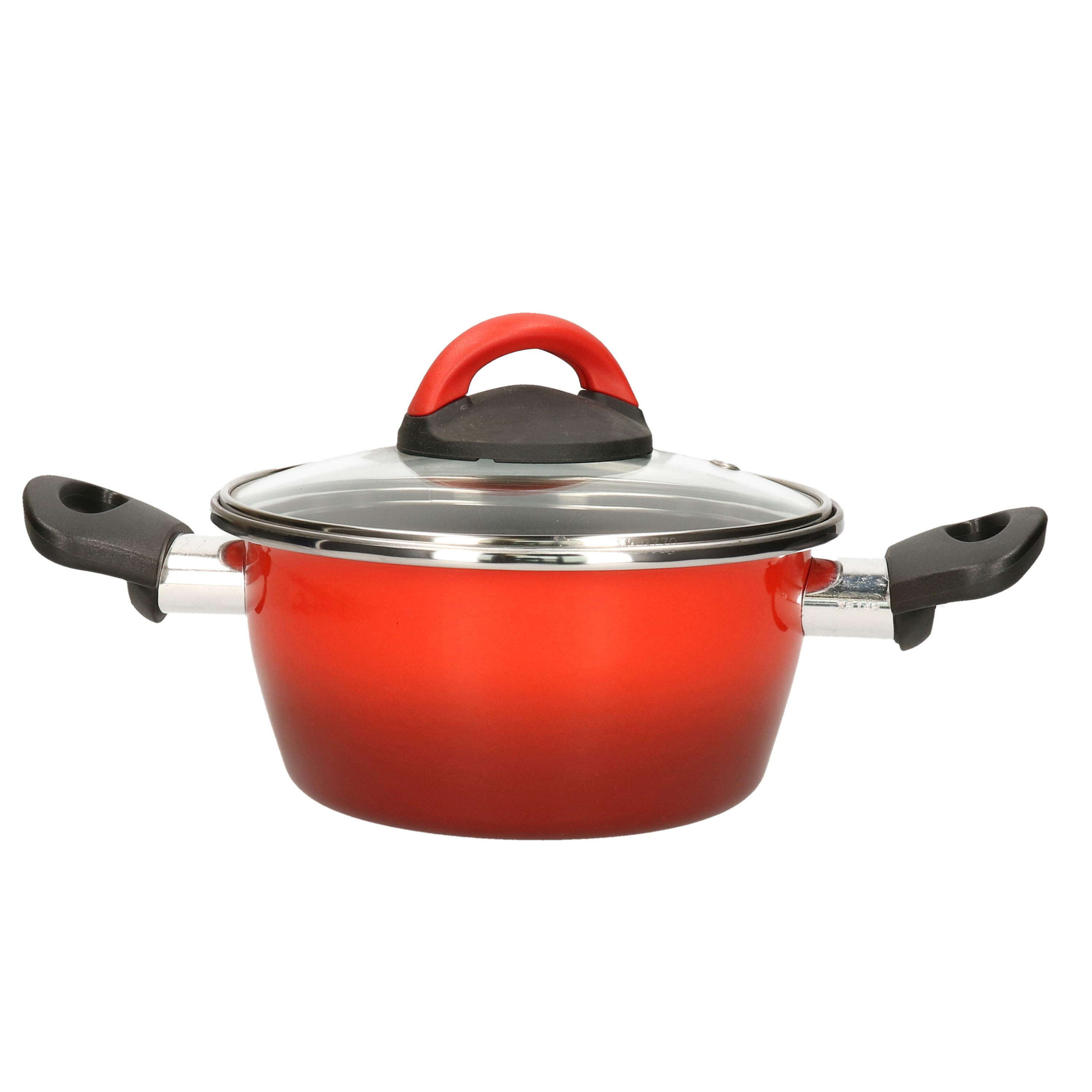 Rvs rode kookpan-pan met glazen deksel 16 cm 1 liter
