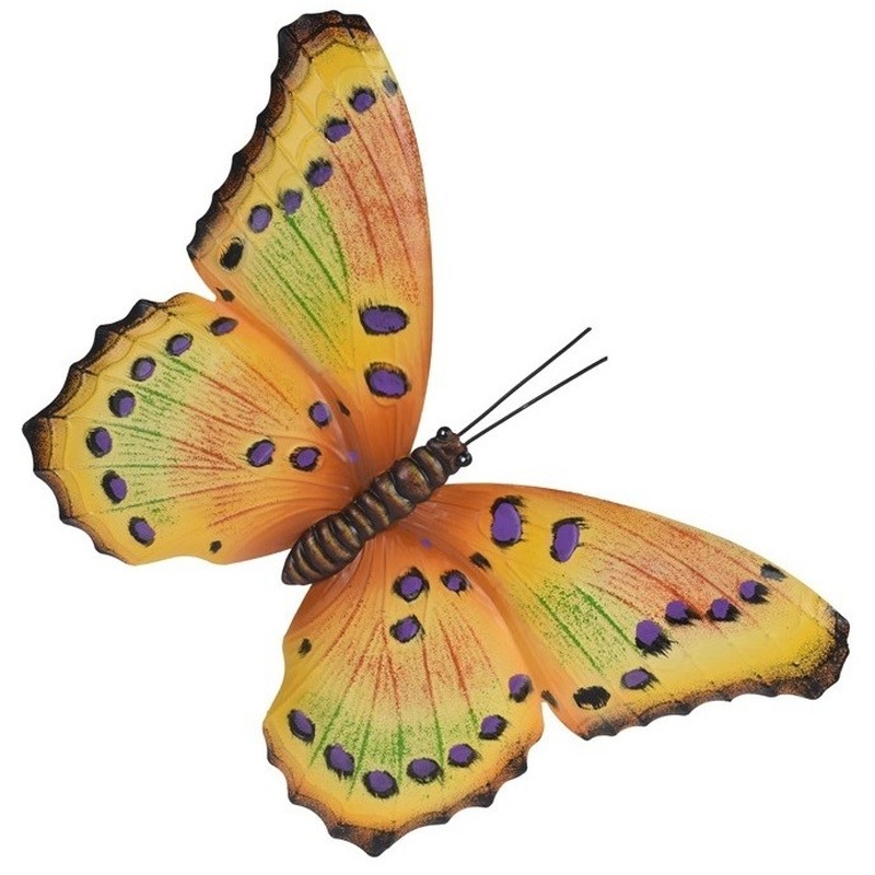 Schuttingdecoratie geel-paarse vlinder 44 cm