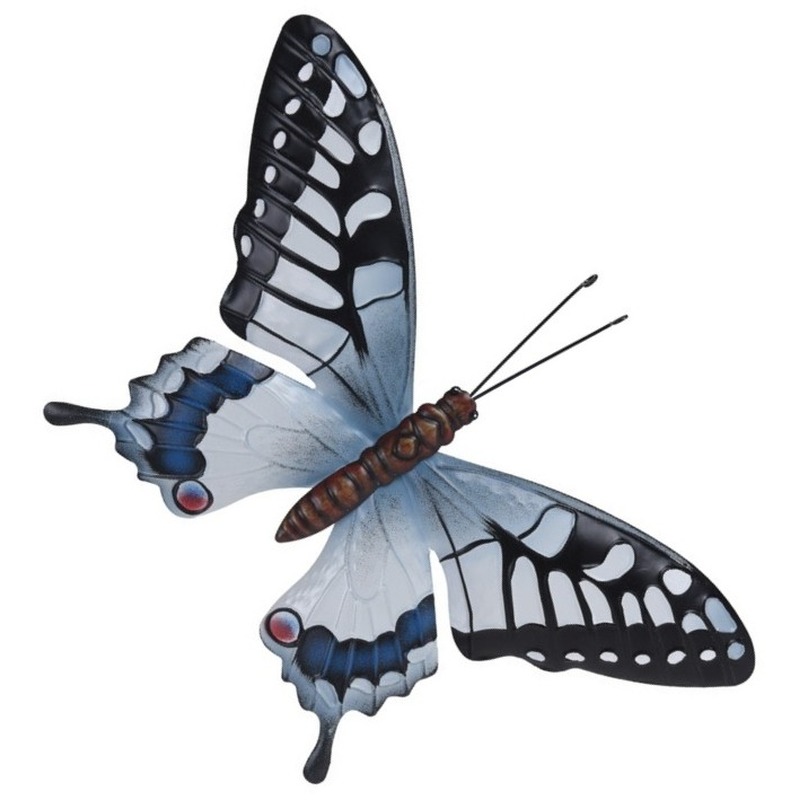 Schuttingdecoratie grijsblauw-zwarte vlinder 44 cm