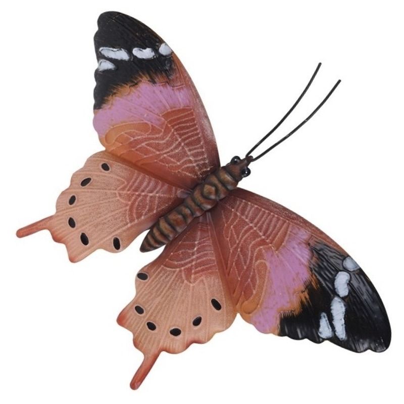 Schuttingdecoratie roestbruin-roze vlinder 35 cm