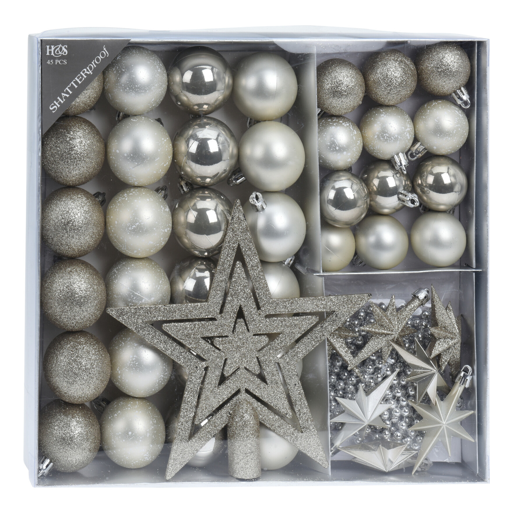 Set 44-delig kunststof kerstboomversiering parel-wit met kerstballen, slingers en piek