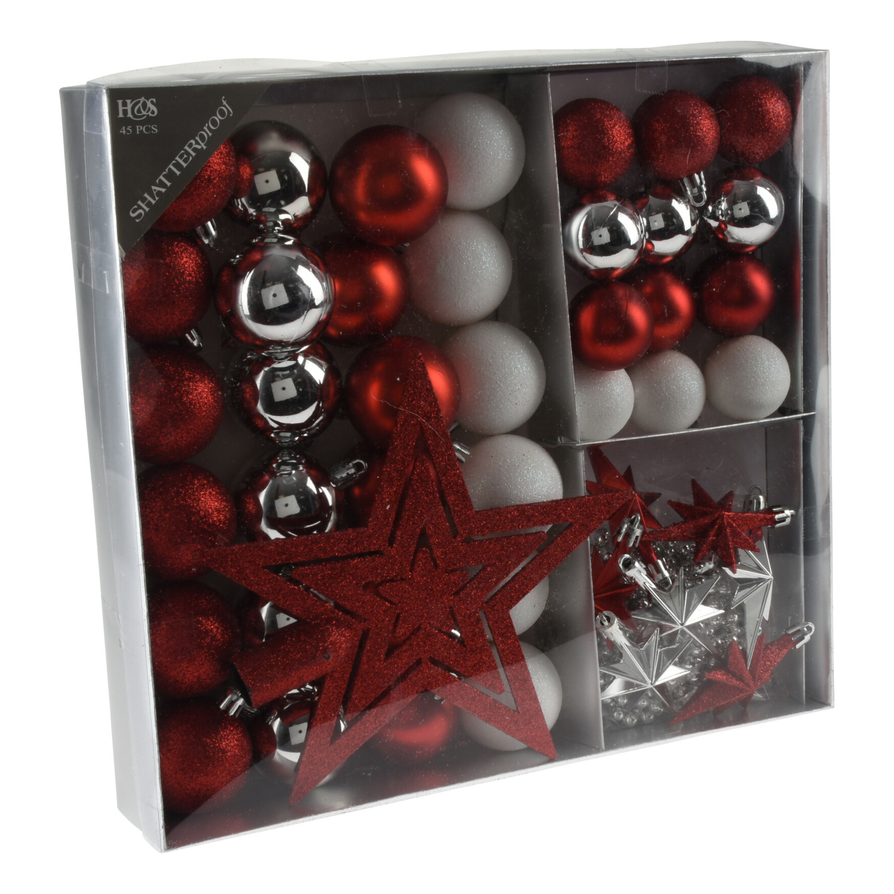 Set 44-delig kunststof kerstboomversiering rood-wit-zilver met kerstballen, slingers en piek