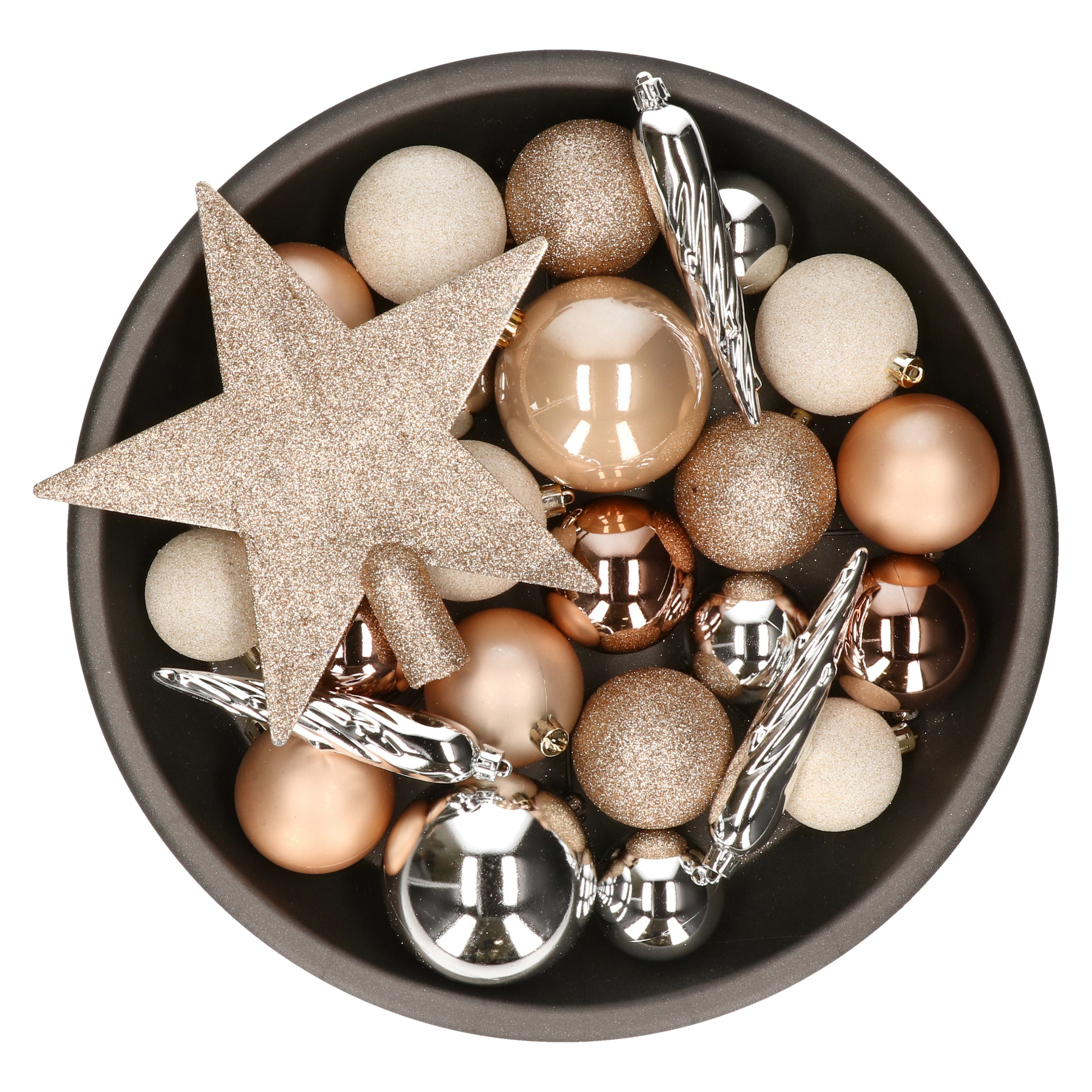 Set van 33x stuks kunststof kerstballen met ster piek bruin-wit-zilver mix
