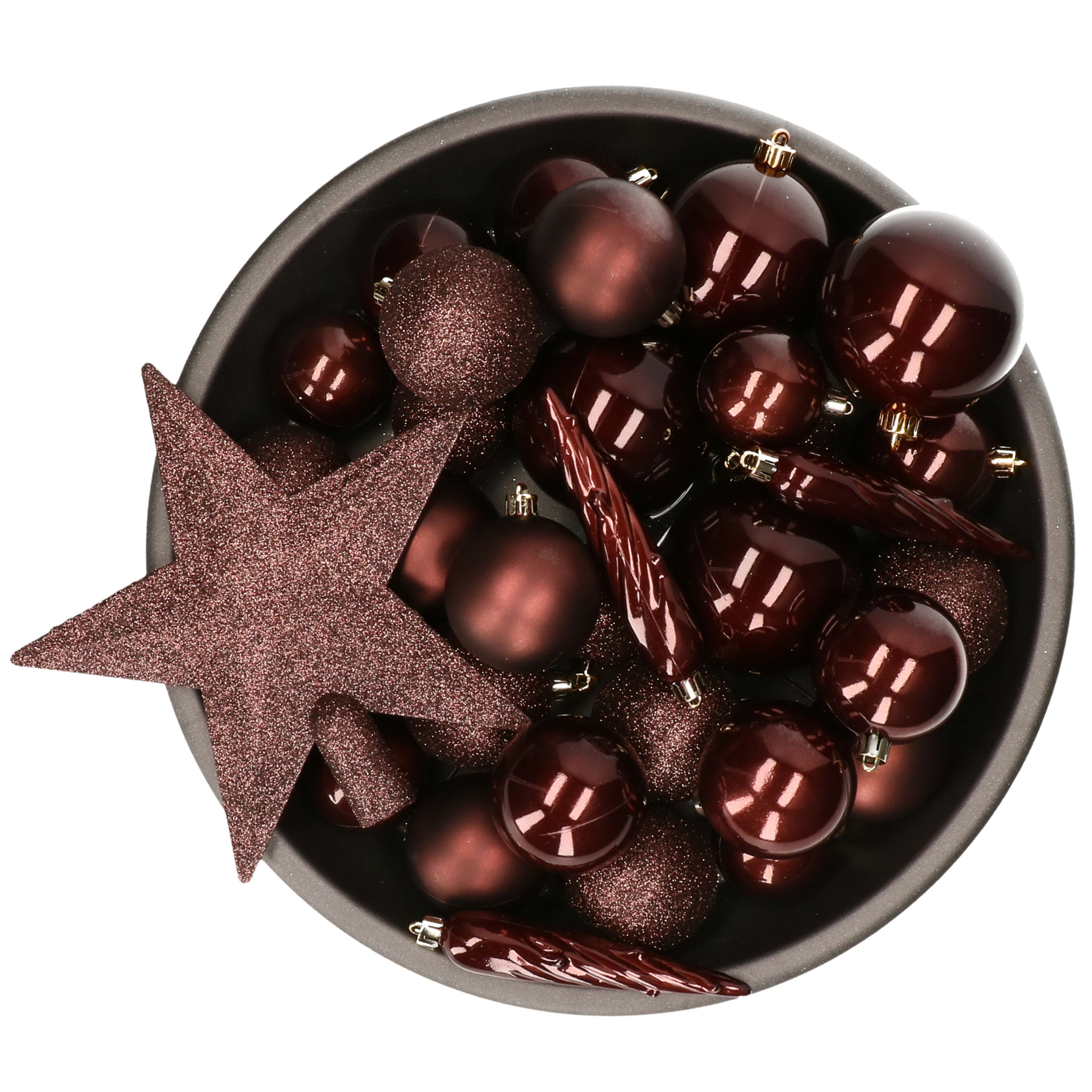 Set van 33x stuks kunststof kerstballen met ster piek mahonie bruin mix