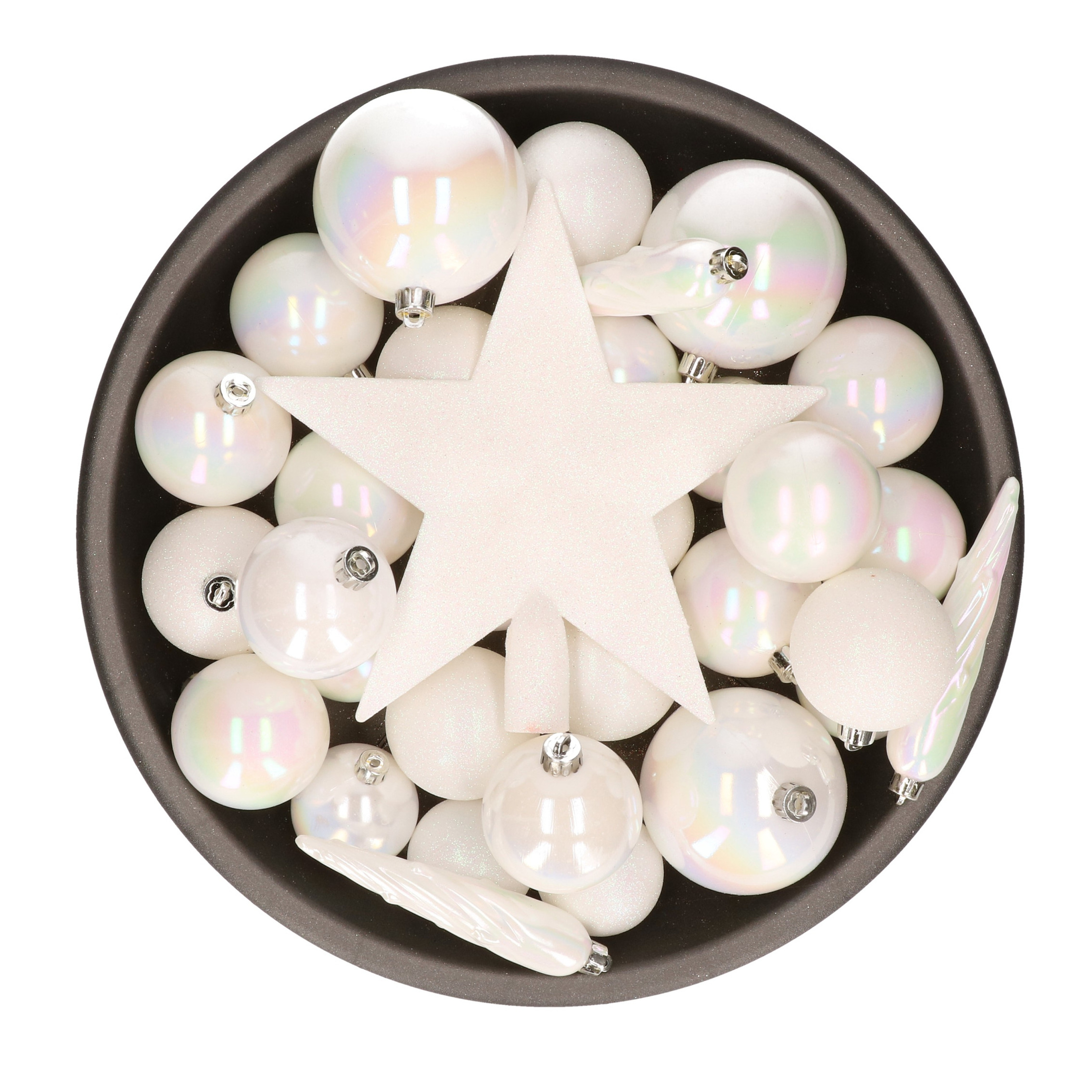 Set van 33x stuks kunststof kerstballen met ster piek parelmoer wit mix