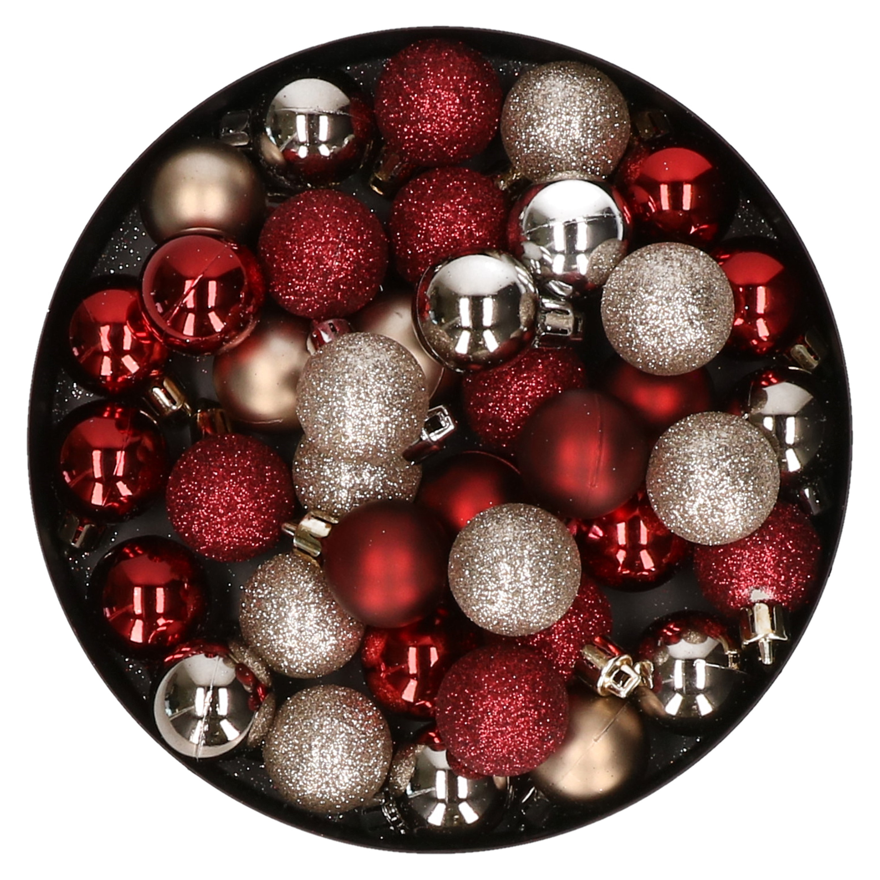 Set van 40x stuks kunststof kerstballen mix champagne en donkerrood 3 cm