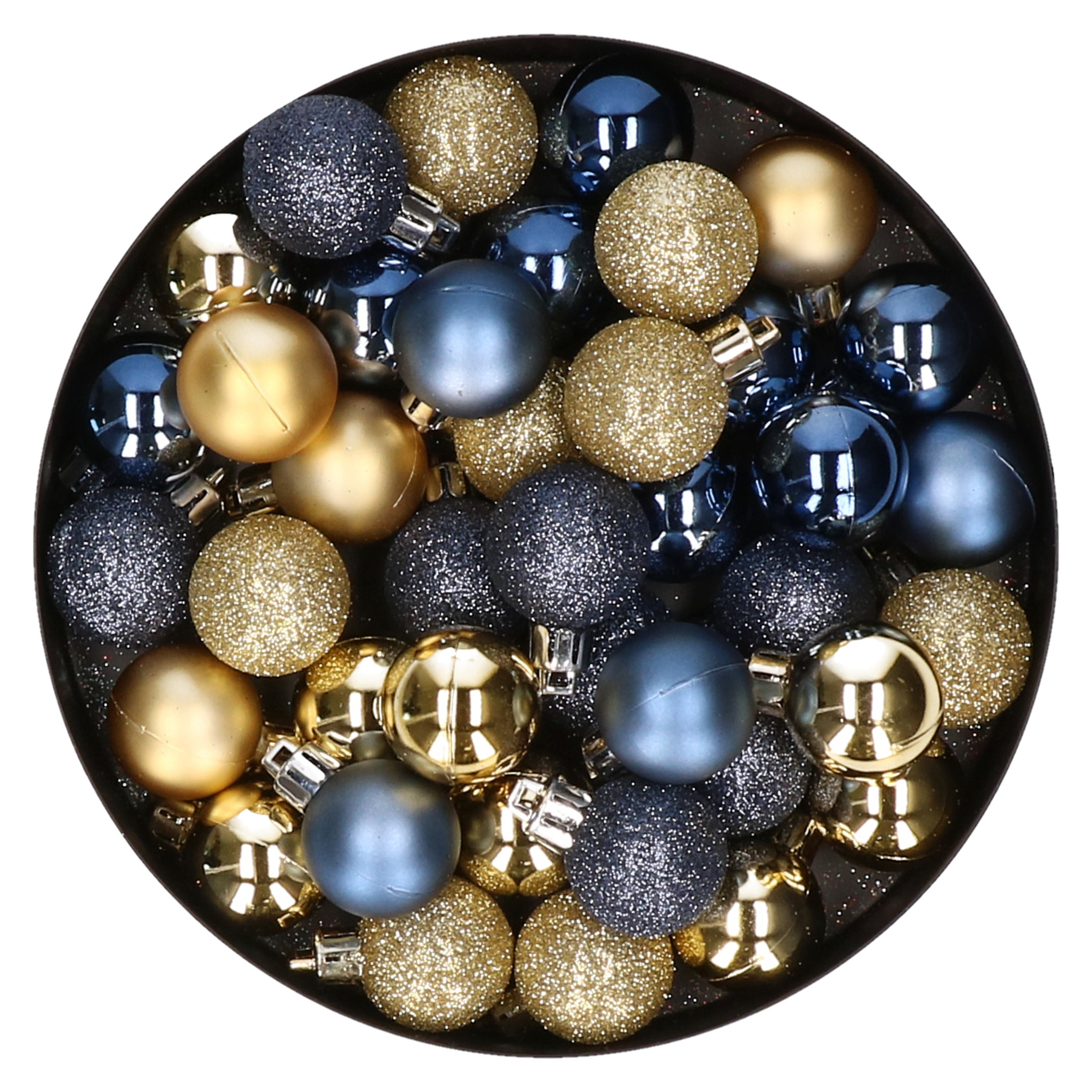 Set van 40x stuks kunststof kerstballen mix goud en donkerblauw 3 cm