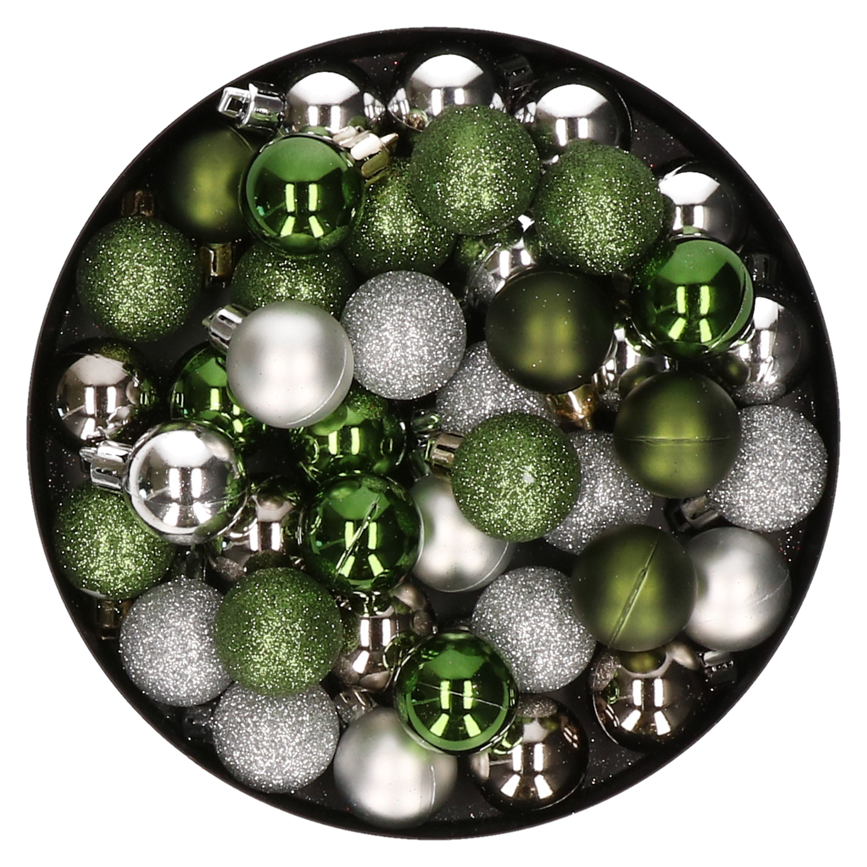 Set van 40x stuks kunststof kerstballen mix zilver en groen 3 cm