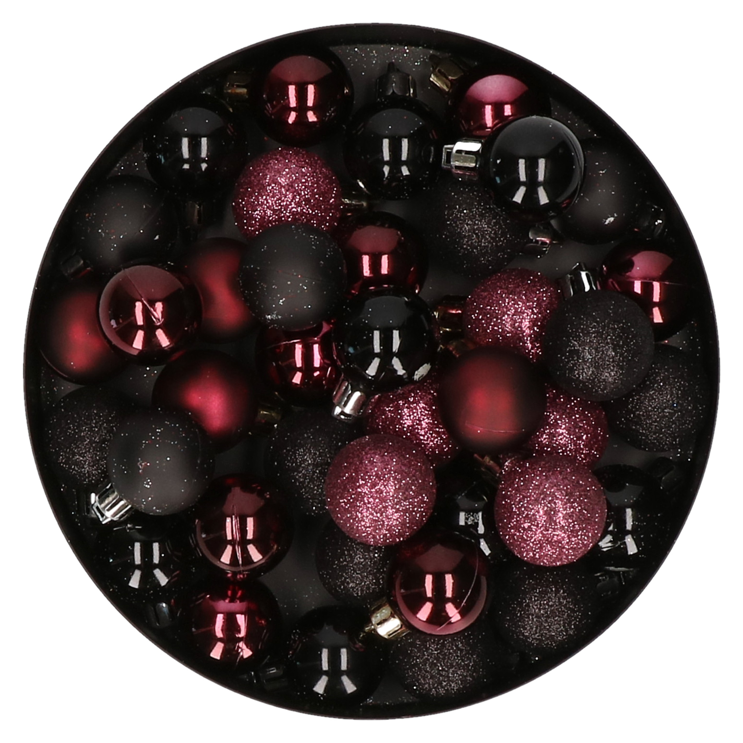 Set van 40x stuks kunststof kerstballen mix zwart en aubergine paars 3 cm