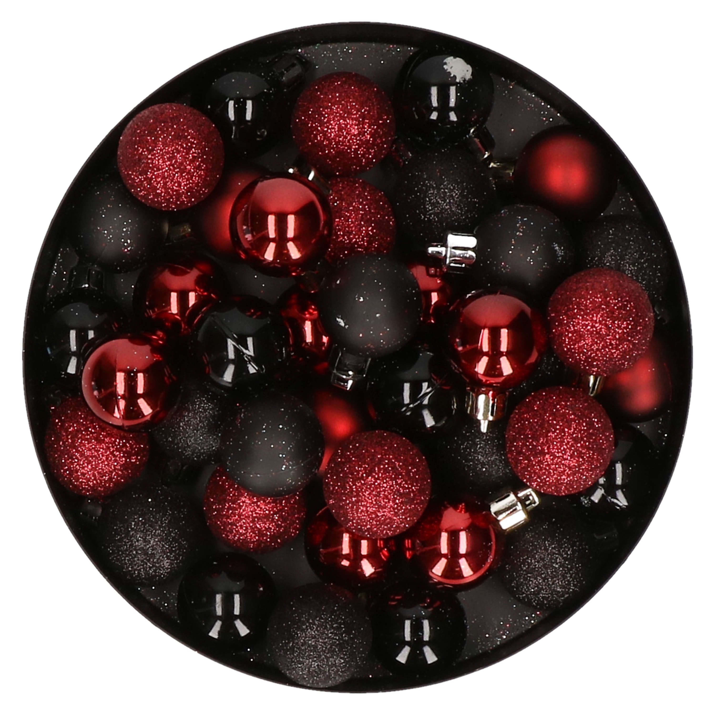 Set van 40x stuks kunststof kerstballen mix zwart en donkerrood 3 cm