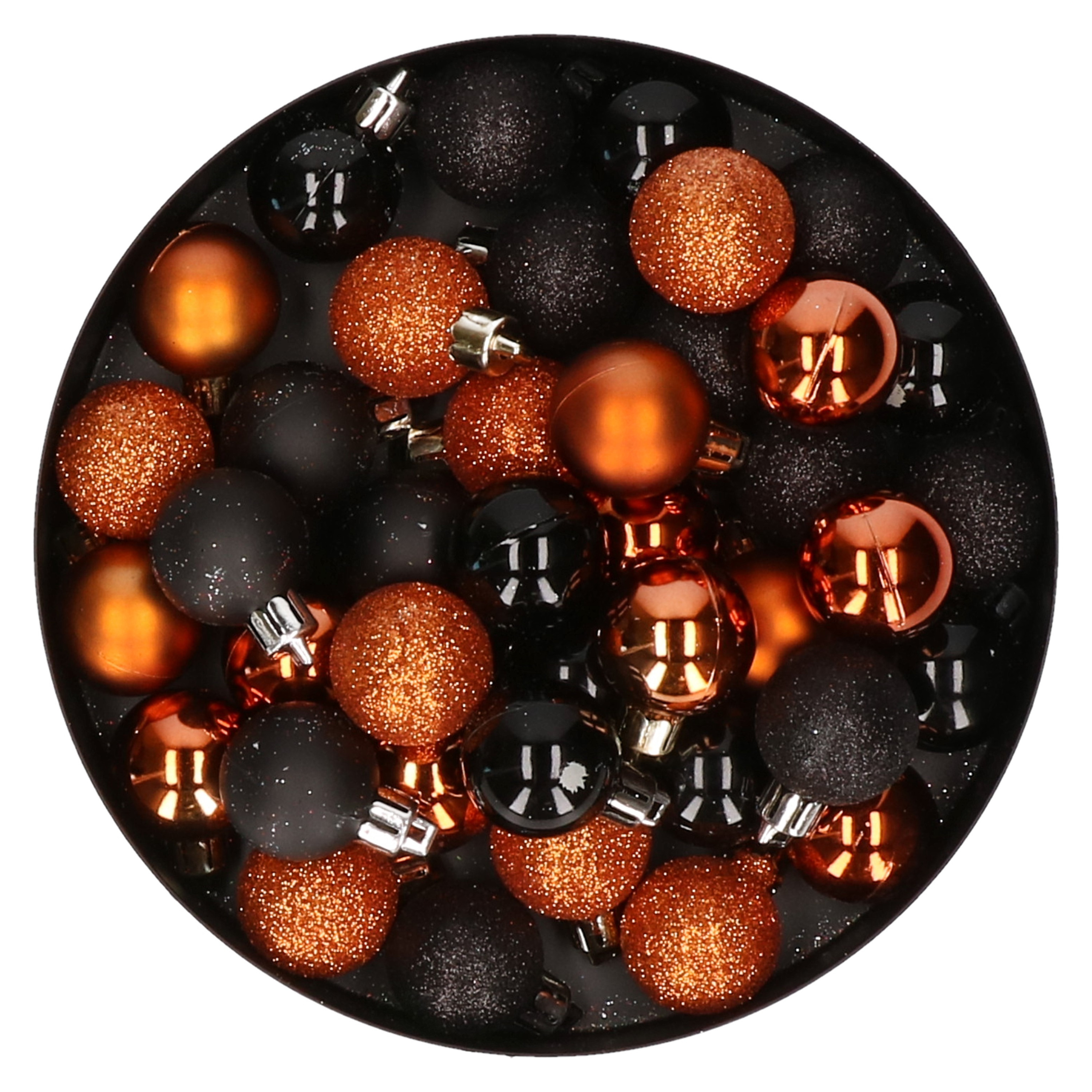 Set van 40x stuks kunststof kerstballen mix zwart en oranje 3 cm