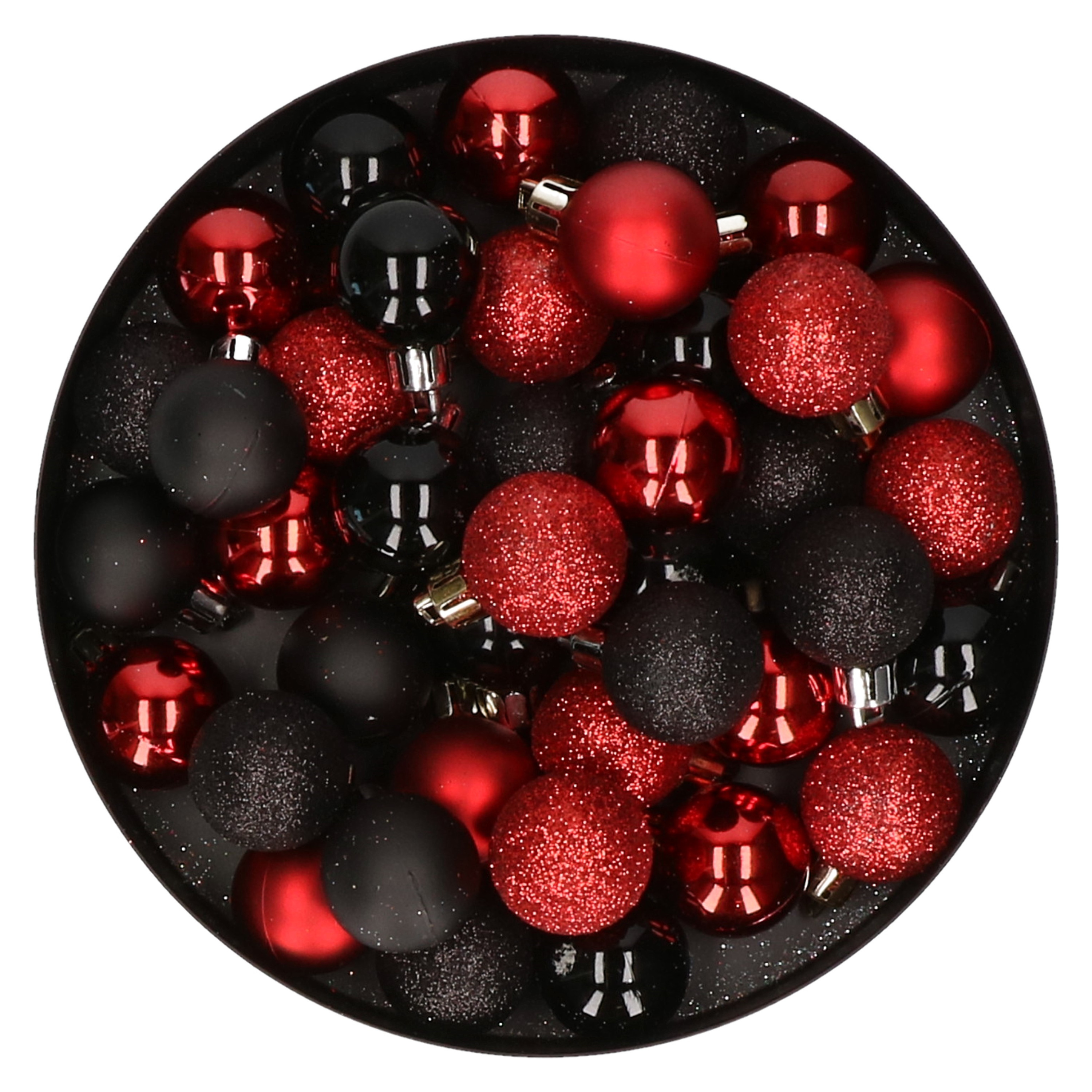 Set van 40x stuks kunststof kerstballen mix zwart en rood 3 cm