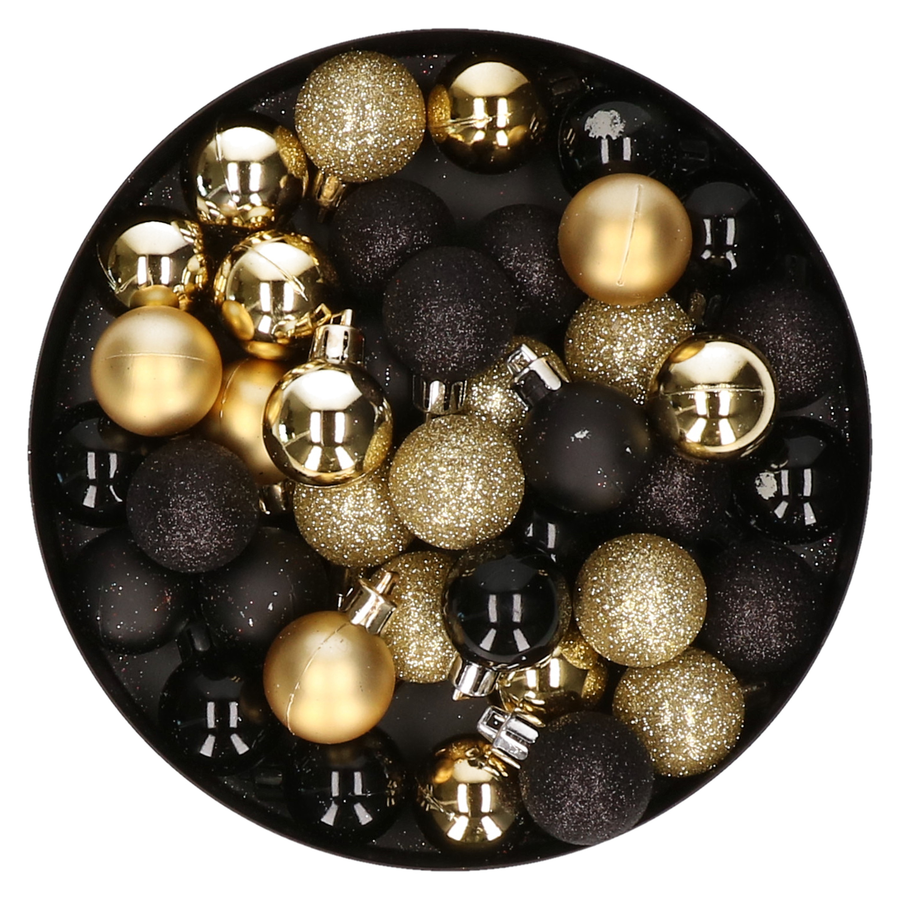 Set van 48x stuks kunststof kerstballen mix zwart en goud 3 cm