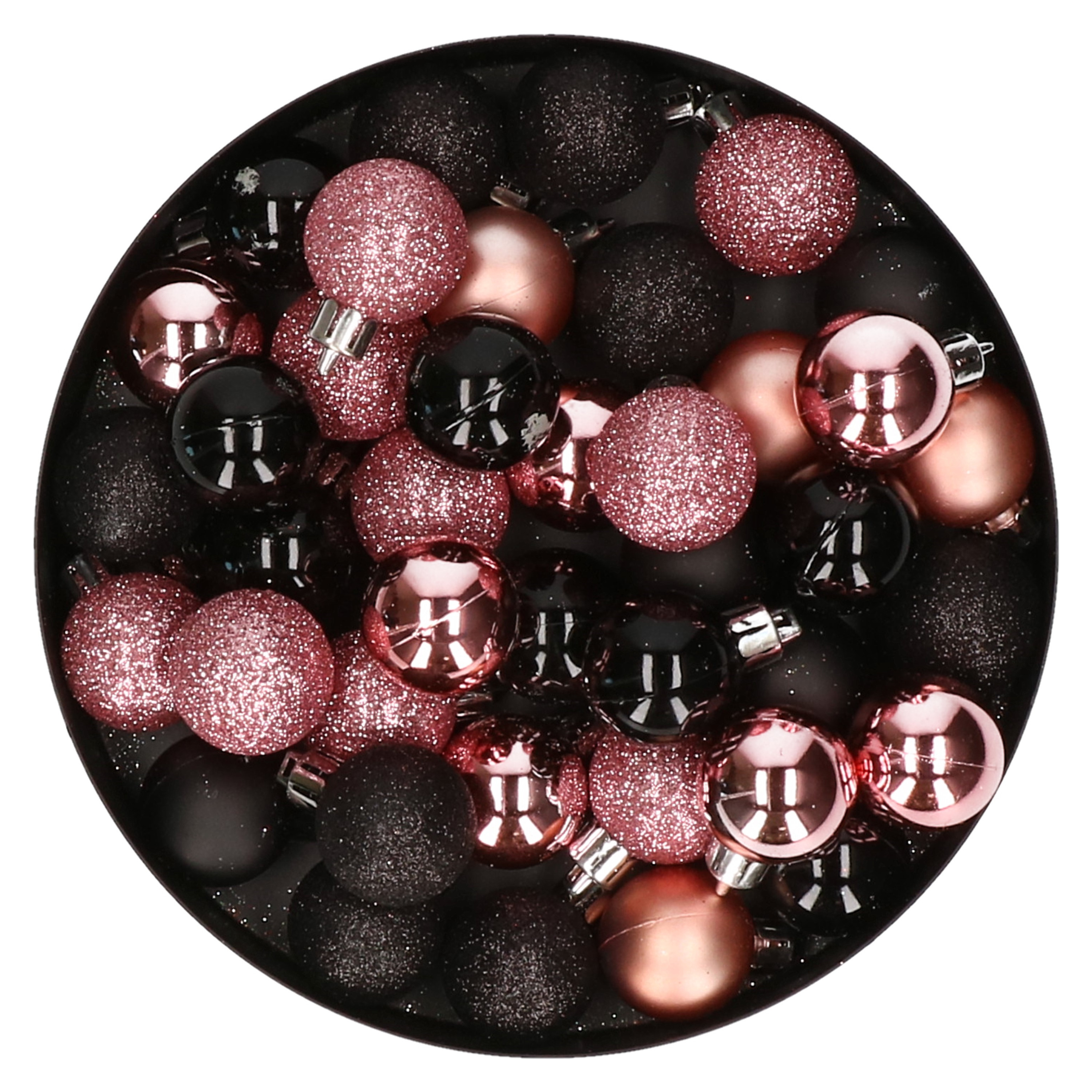 Set van 48x stuks kunststof kerstballen mix zwart en roze 3 cm