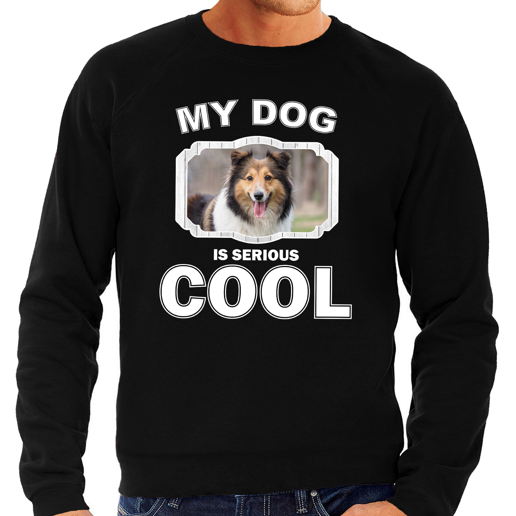 Sheltie honden sweater-trui my dog is serious cool zwart voor heren