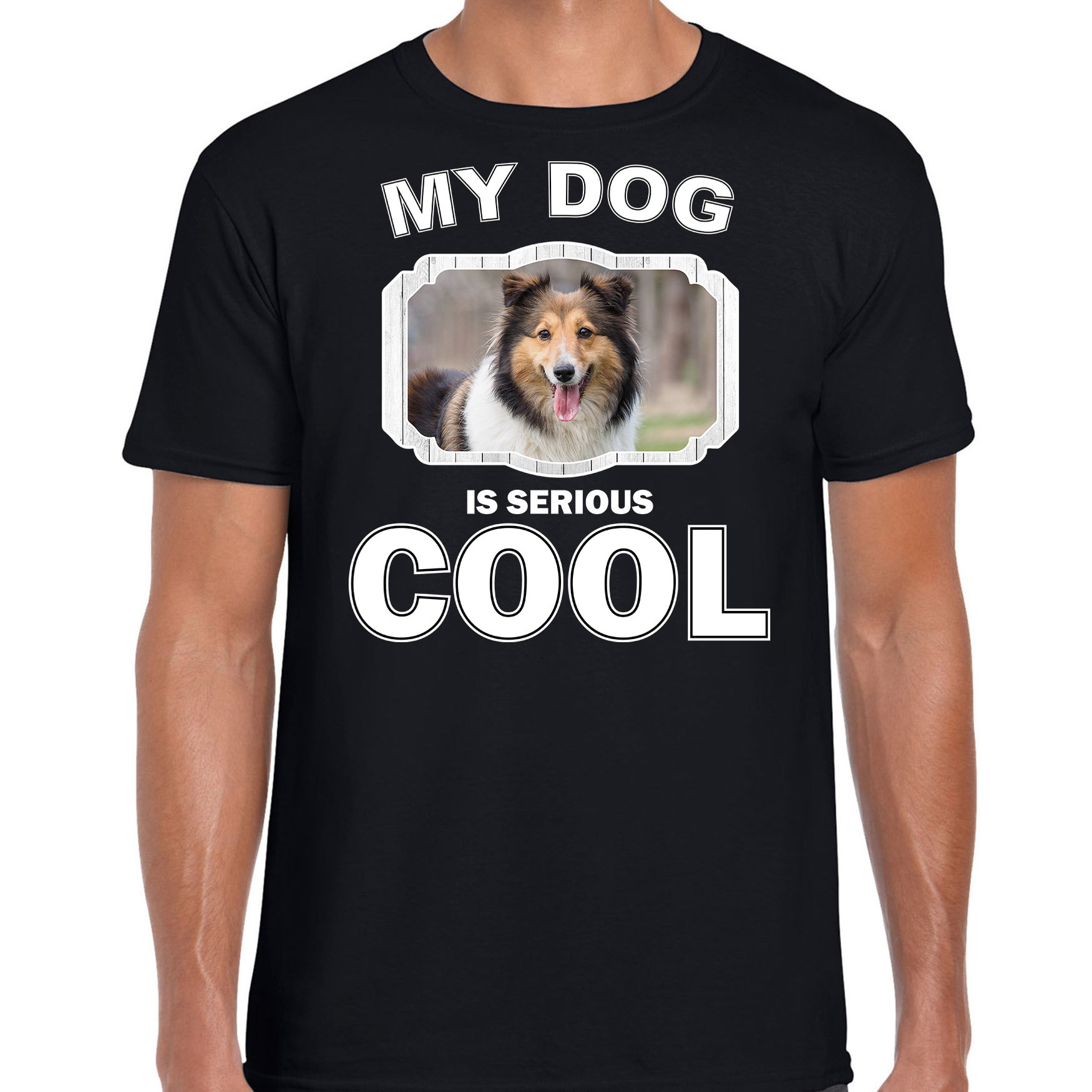 Sheltie honden t-shirt my dog is serious cool zwart voor heren