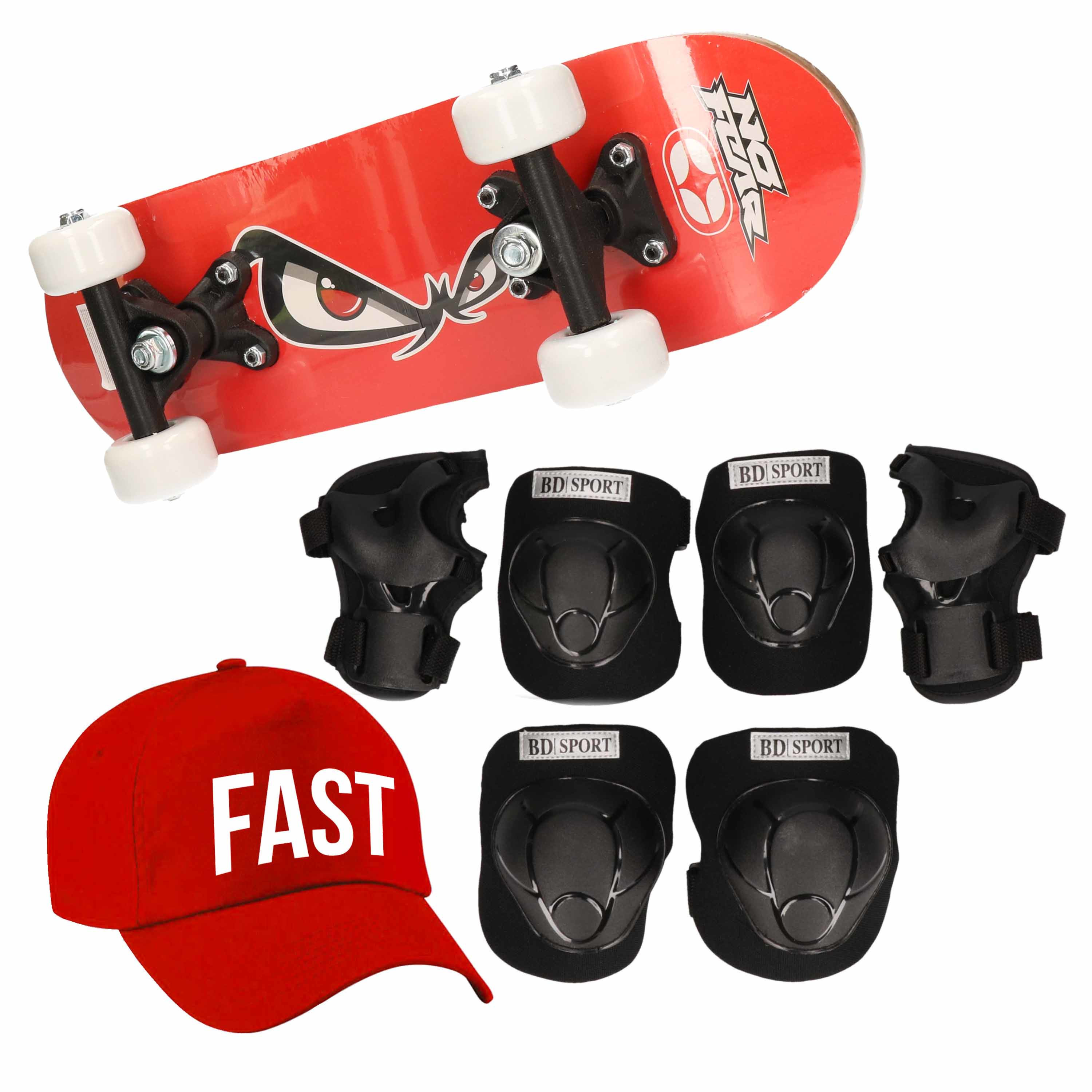 Skateboard set voor kinderen L 9-10 jaar-valbescherming-fast pet-skateboard met print 43 cm rood