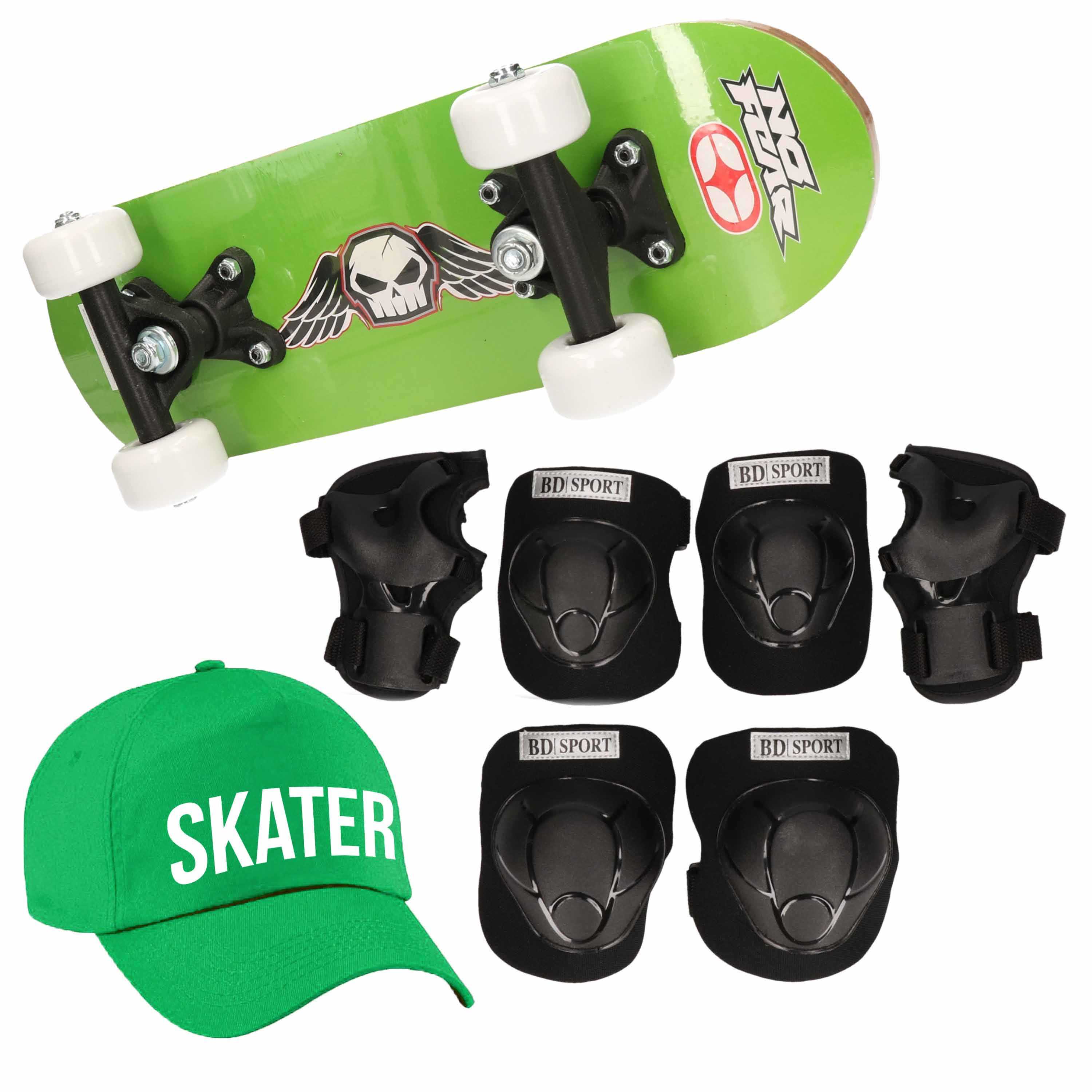 Skateboard set voor kinderen L 9-10 jaar-valbescherming-skater pet-skateboard met print 43 cm groen