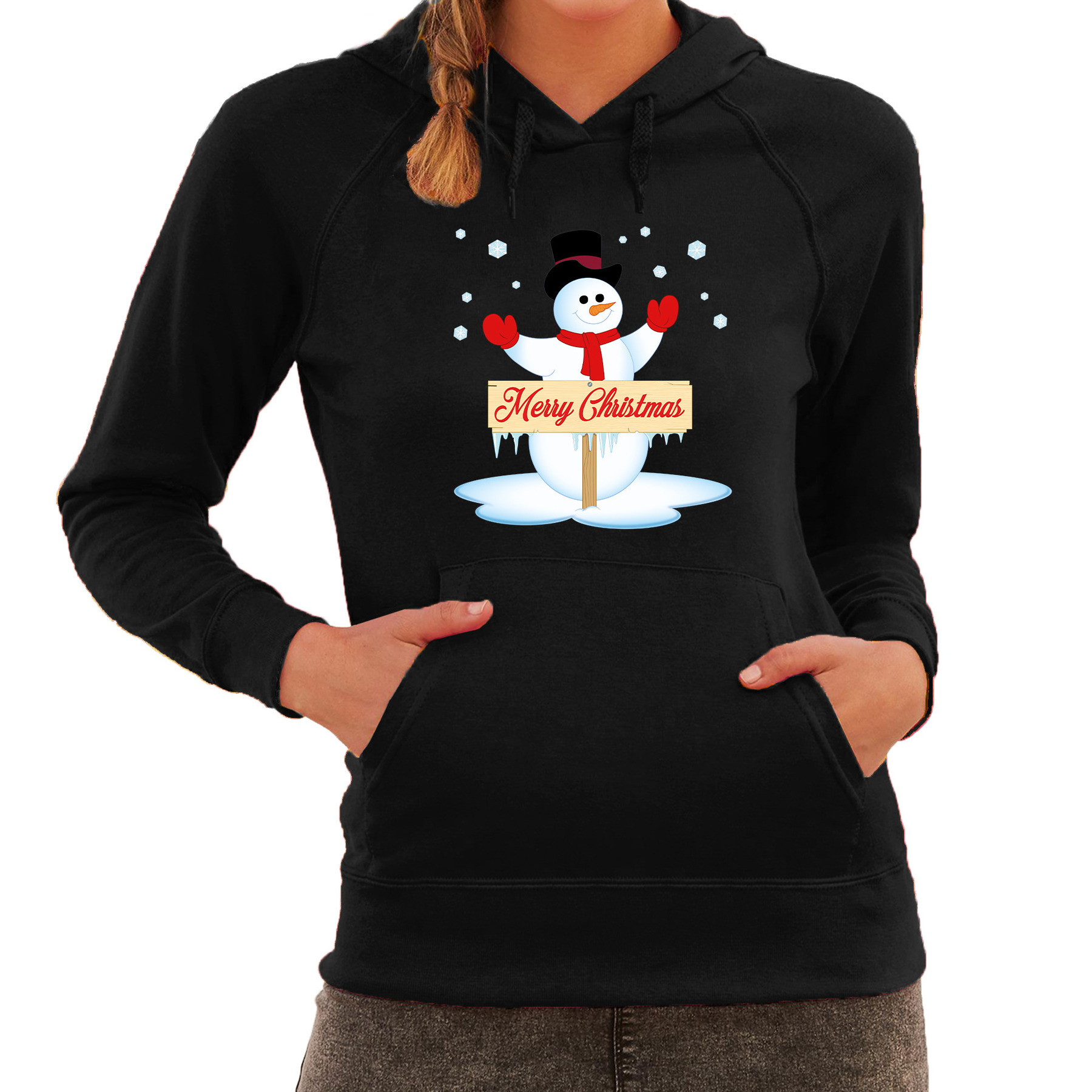 Sneeuwpop Merry Christmas foute Kerst hoodie-hooded sweater zwart voor dames