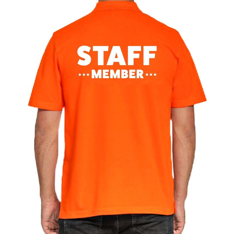 Staff member-personeel tekst polo shirt oranje voor heren