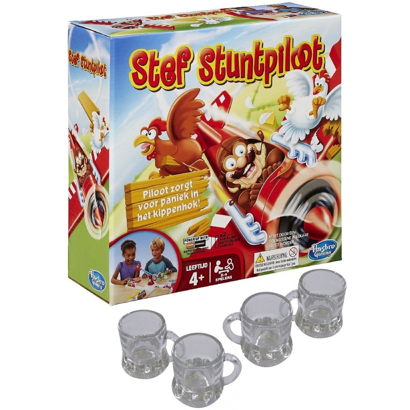 Stef de Stuntpiloot drankspel-zuipspel-drinkspel 2-4 spelers met 4x shotglaasjes