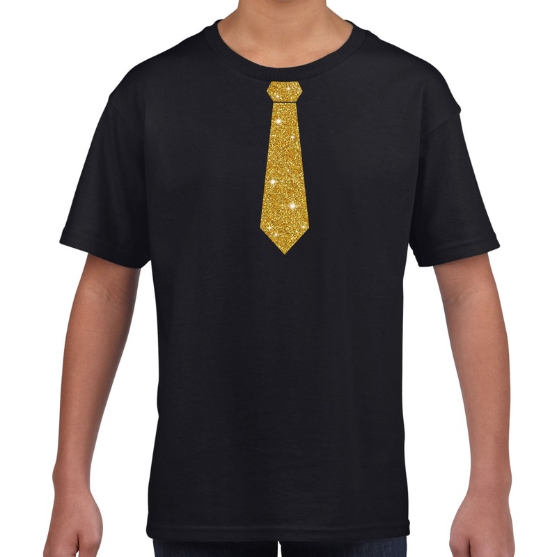 Stropdas goud glitter t-shirt zwart voor kinderen