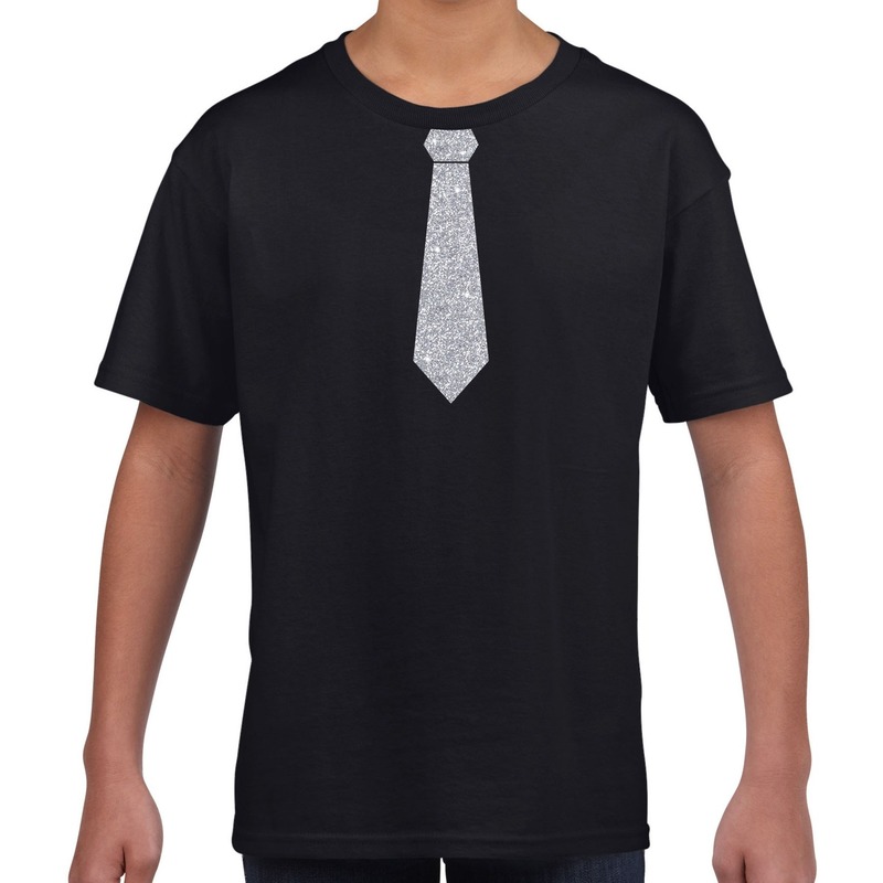 Stropdas zilver glitter t-shirt zwart voor kinderen